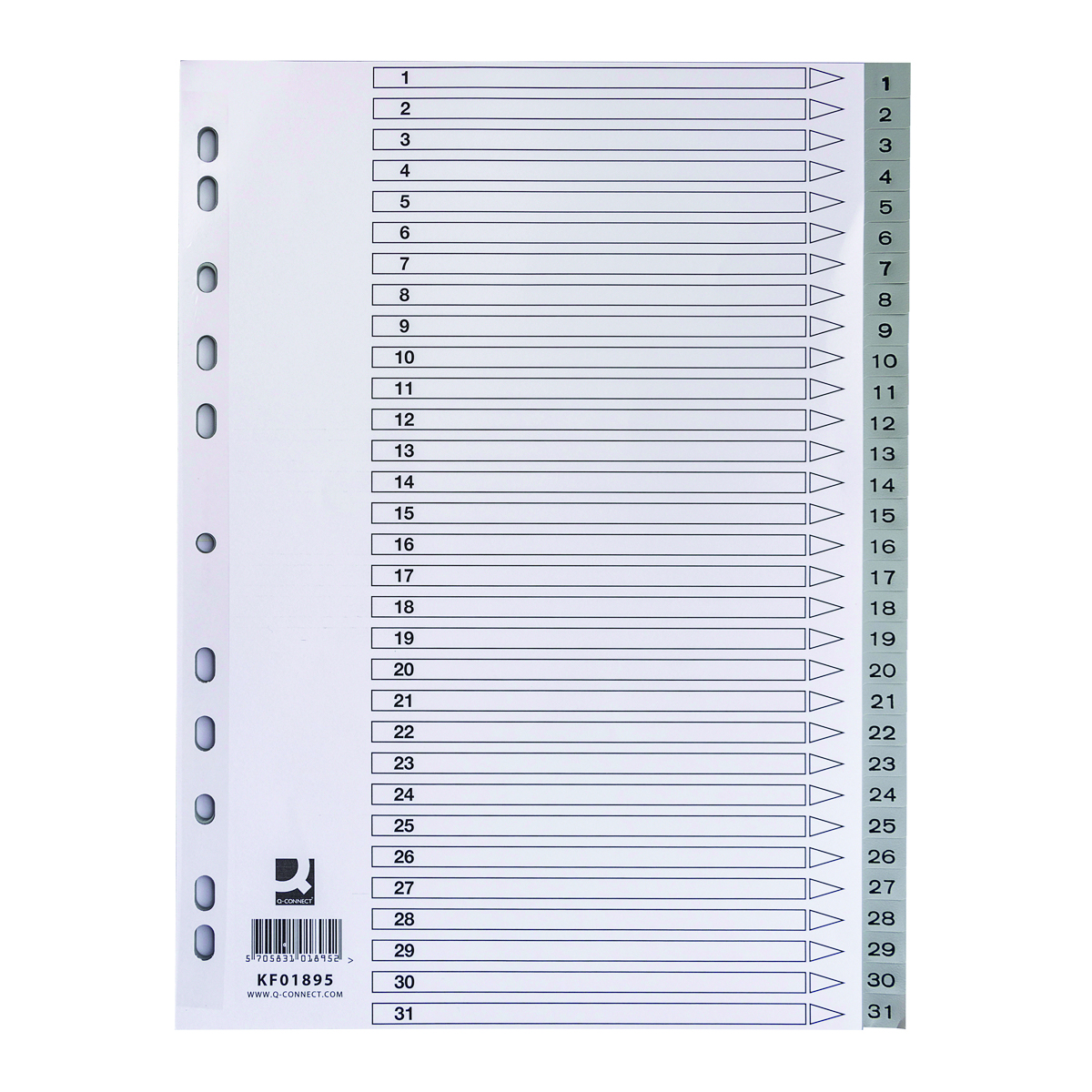 Przekładki Q-Connect, pp, A4, 225x297mm, 1-31, 31 kartek, szare Przekładki Q-Connect, pp, A4, 225x297mm, 1-31, 31 kartek, szare