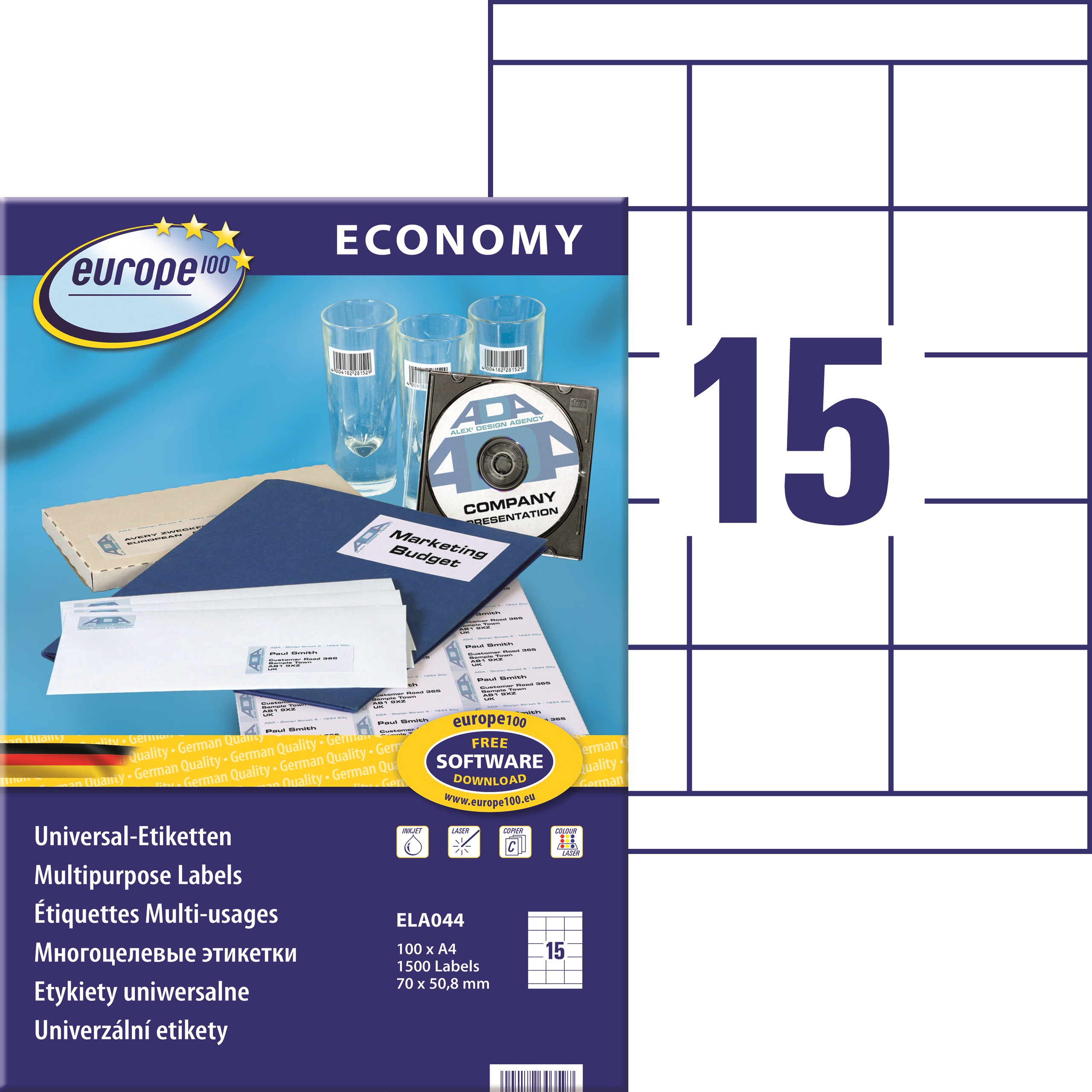 Etykiety A4 70x50,8 mm mm uniwersalne economy europe100 by Avery Zweckform; A4, 100 ark.