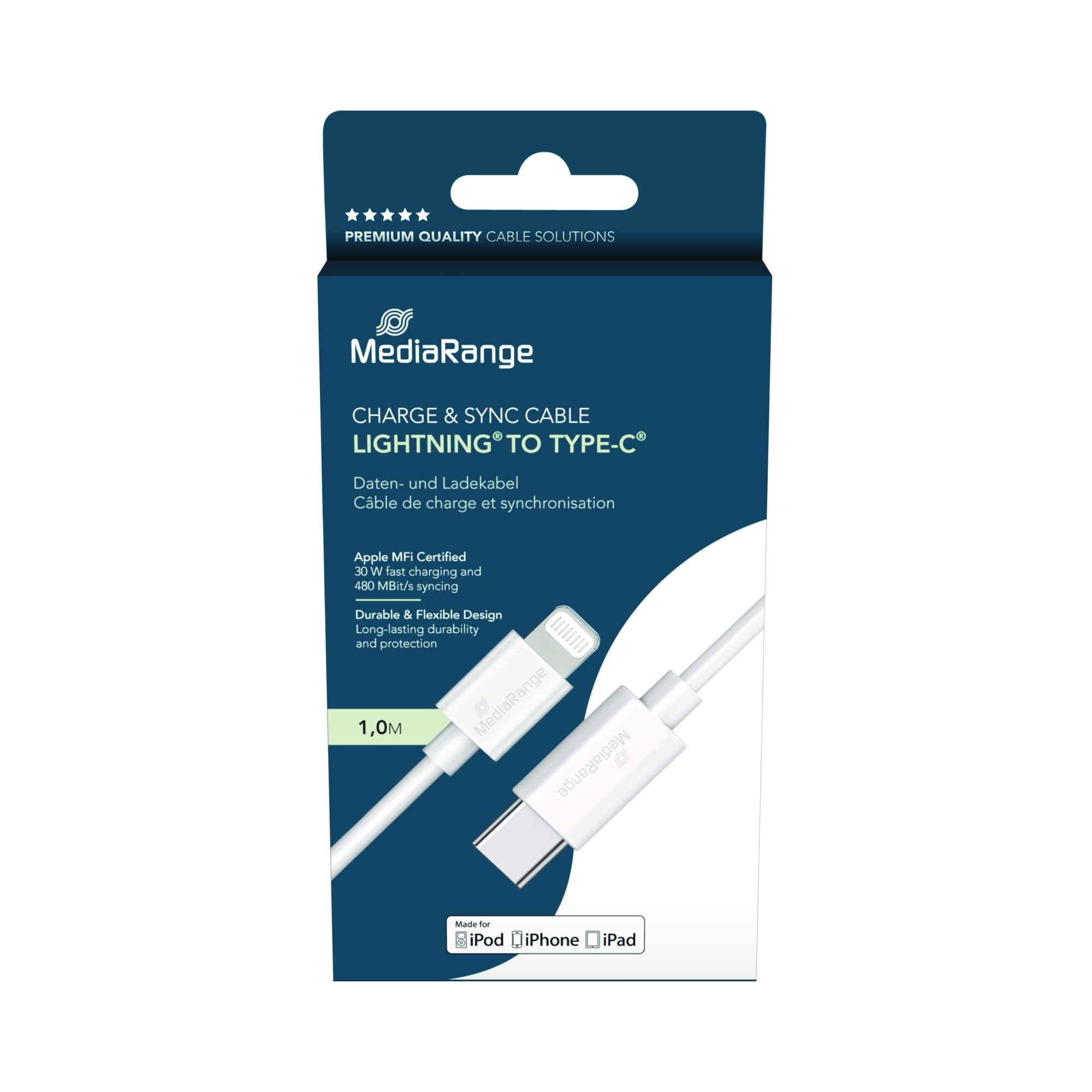 Kabel USB-C MEDIARANGE Apple Lightning, 1m, biały