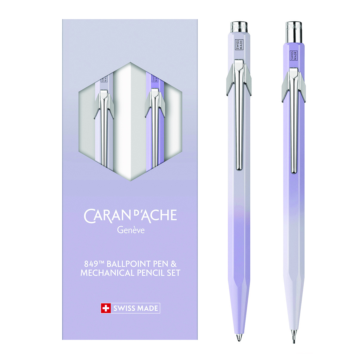 Zestaw długopis 849 + ołówek 844 Caran d’Ache Blooming Lavender, w etui, liliowo-szary