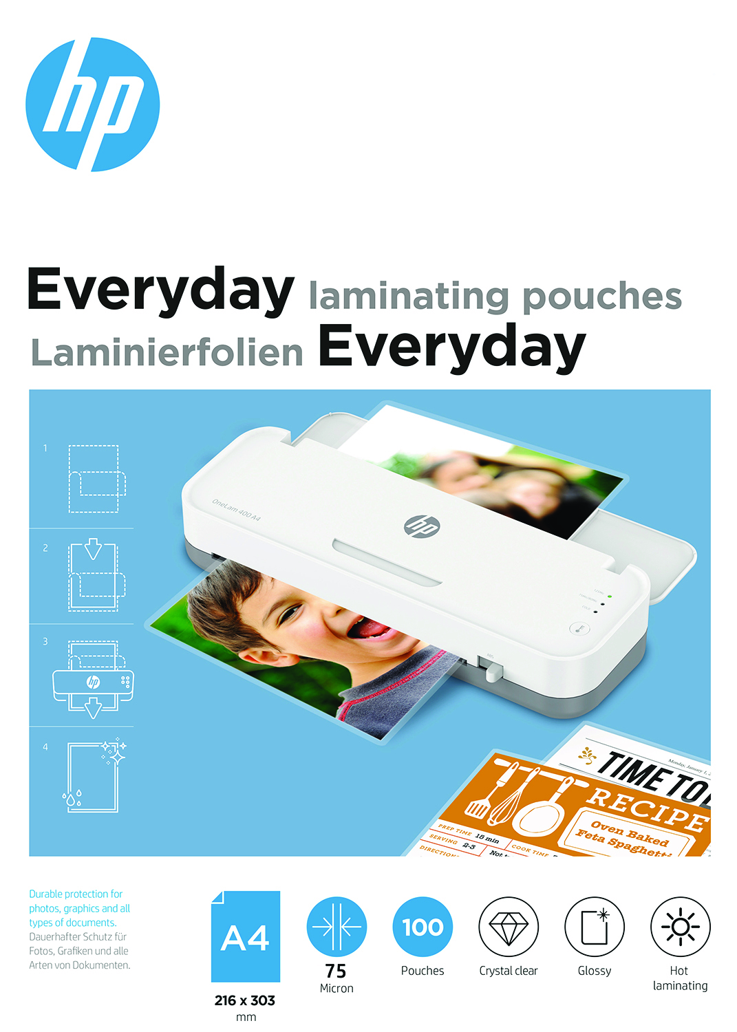 Folie laminacyjne HP everyday, A4, 75 mic, 100 szt., przezroczyste/połysk Folie laminacyjne HP everyday, A4, 75 mic, 100 szt., przezroczyste/połysk