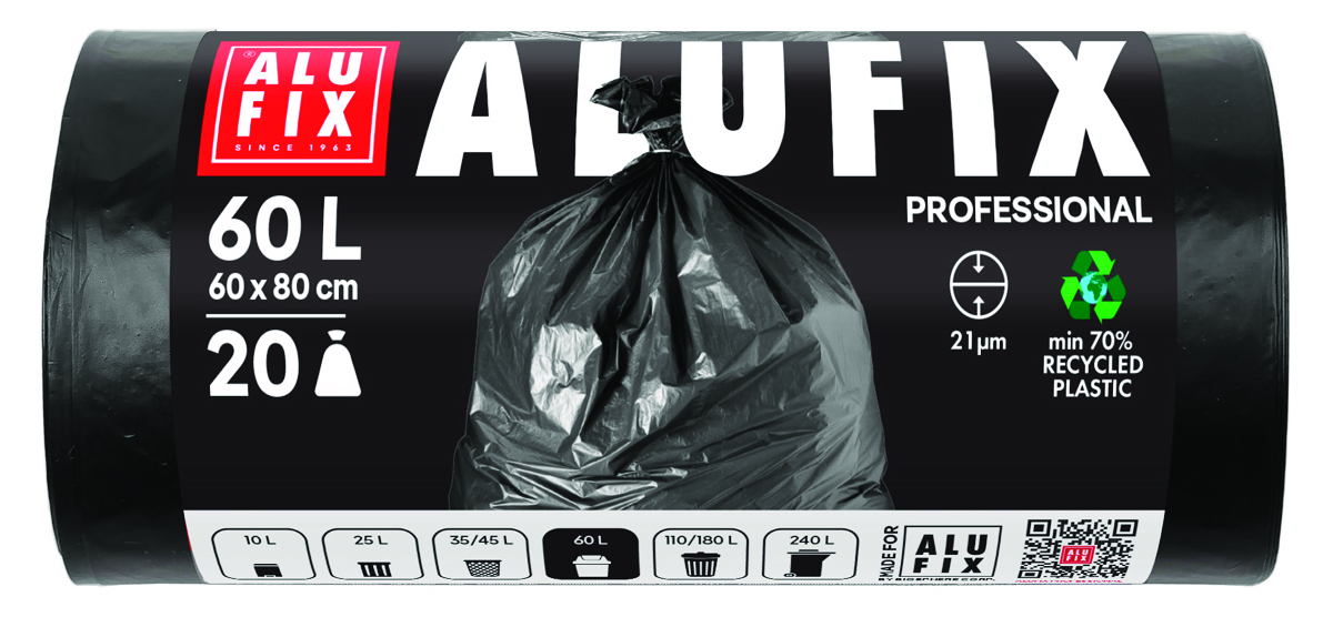 Worki na śmieci ALUFIX Professional, LDPE, 60x80cm, 21 µm, 60l, 20 szt., czarne