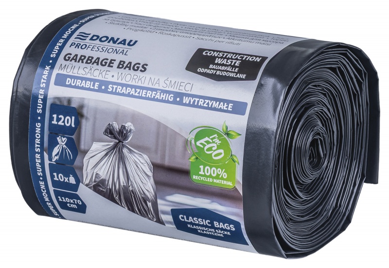 Worki na śmieci DONAU PROFESSIONAL, wytrzymałe, super mocne, budowlane, 120l, 10 szt., czarne Worki na śmieci DONAU PROFESSIONAL, wytrzymałe, super mocne, budowlane, 120l, 10 szt., czarne