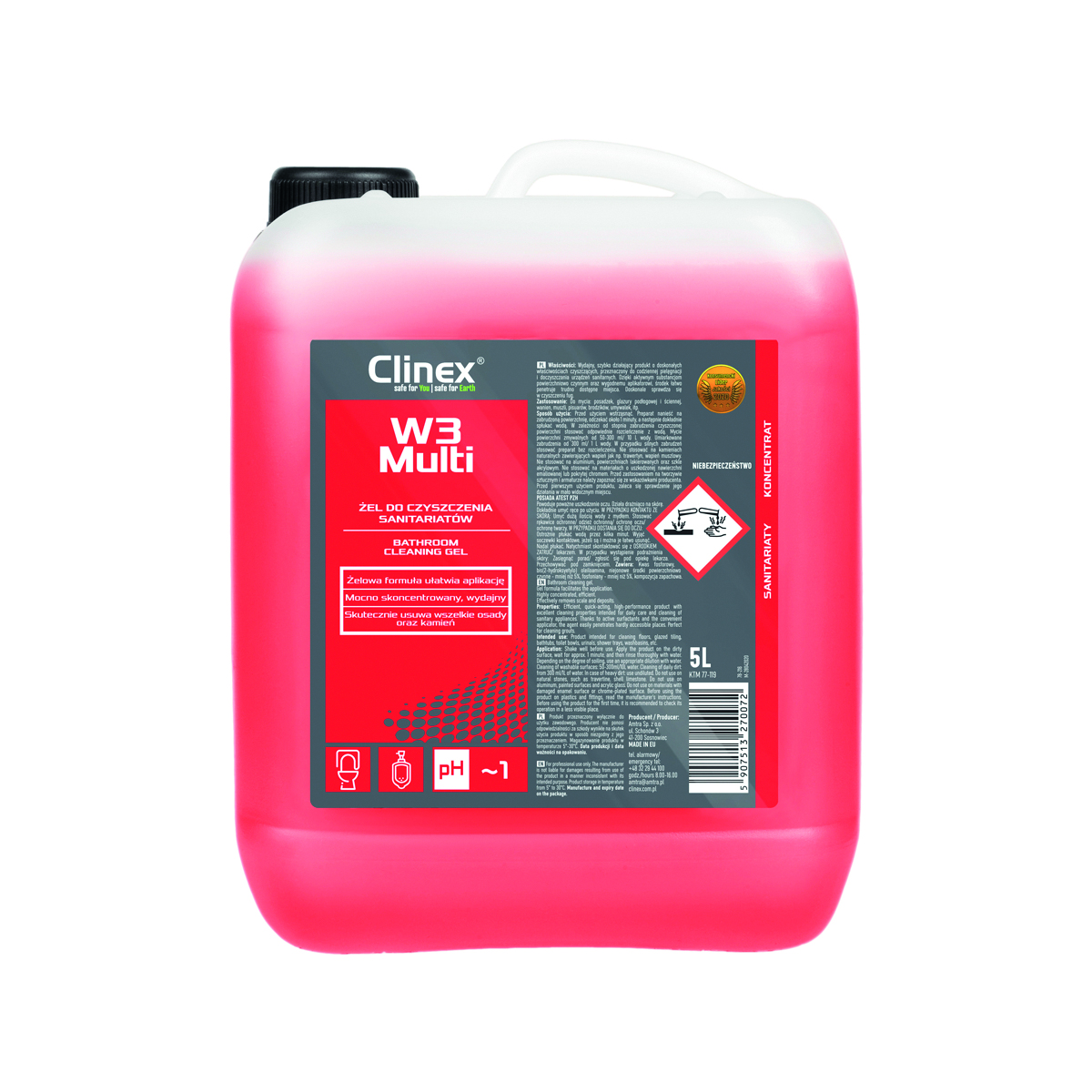 Clinex w3 multi 77-119 płyn do mycia i odkamieniania sanitariatów i łazienek 5l Clinex w3 multi 77-119 płyn do mycia i odkamieniania sanitariatów i łazienek 5l