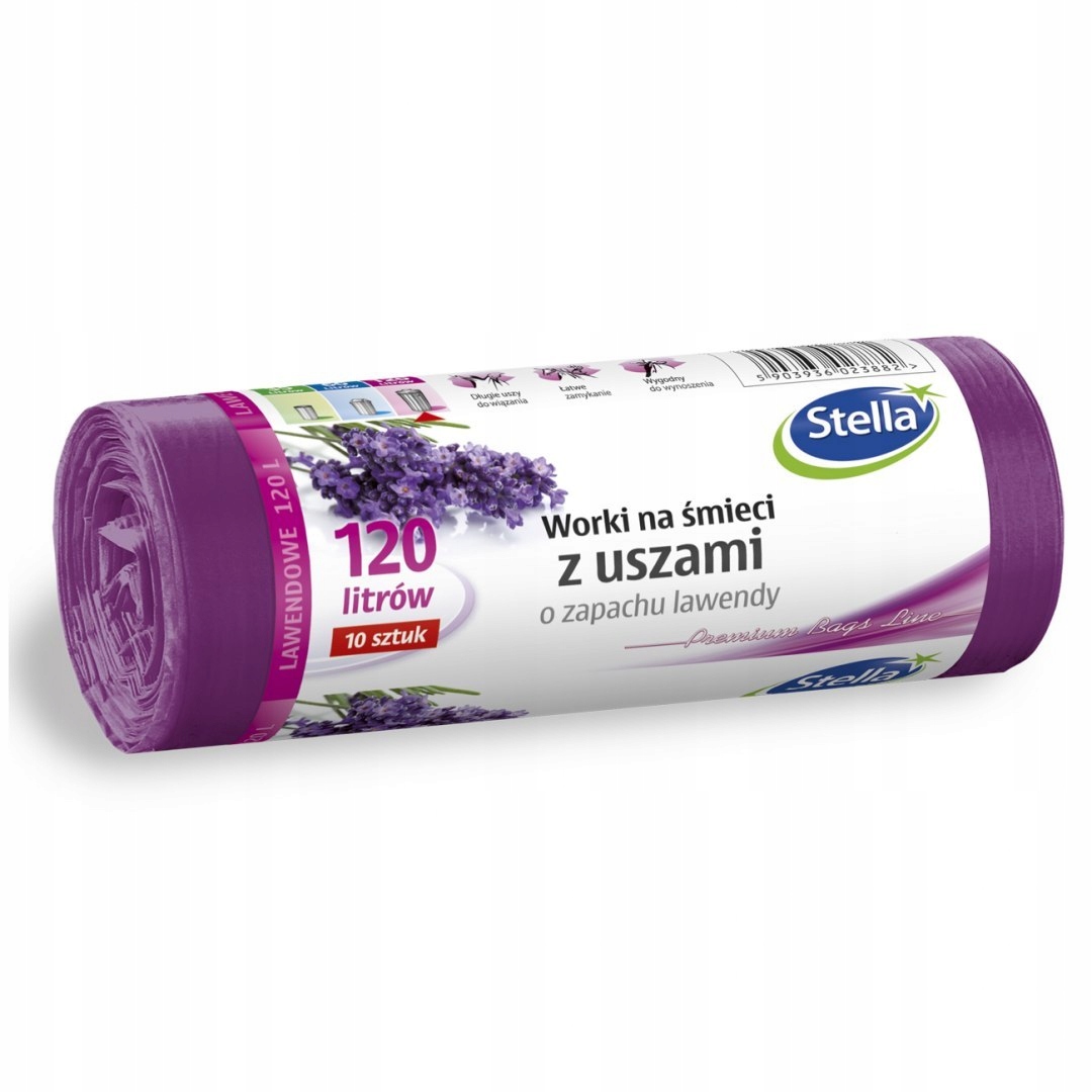 Worki na śmieci z uszami Stella, zapach lawendy, 120 l, zestaw 10 sztuk. | eazbiuro.pl | Kup w promocji!