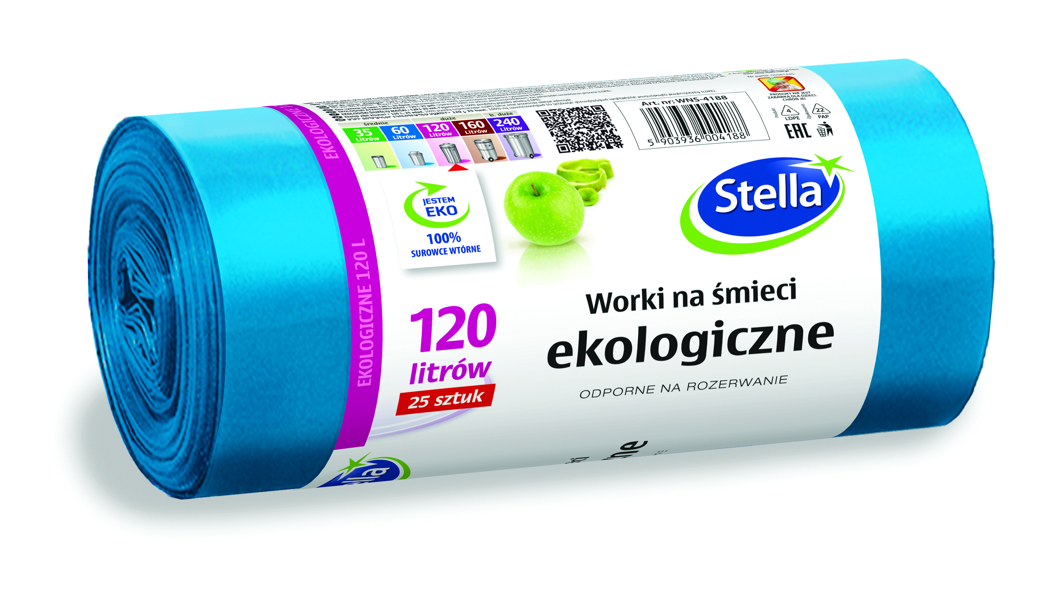 Worki na śmieci Stella, ekologiczne, 120 l, 25 szt., niebieski
