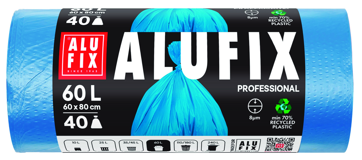 Worki na śmieci ALUFIX Professional, HDPE, 60x80cm, 8 µm, 60l, 40 szt., niebieskie Worki na śmieci ALUFIX Professional, HDPE, 60x80cm, 8 µm, 60l, 40 szt., niebieskie
