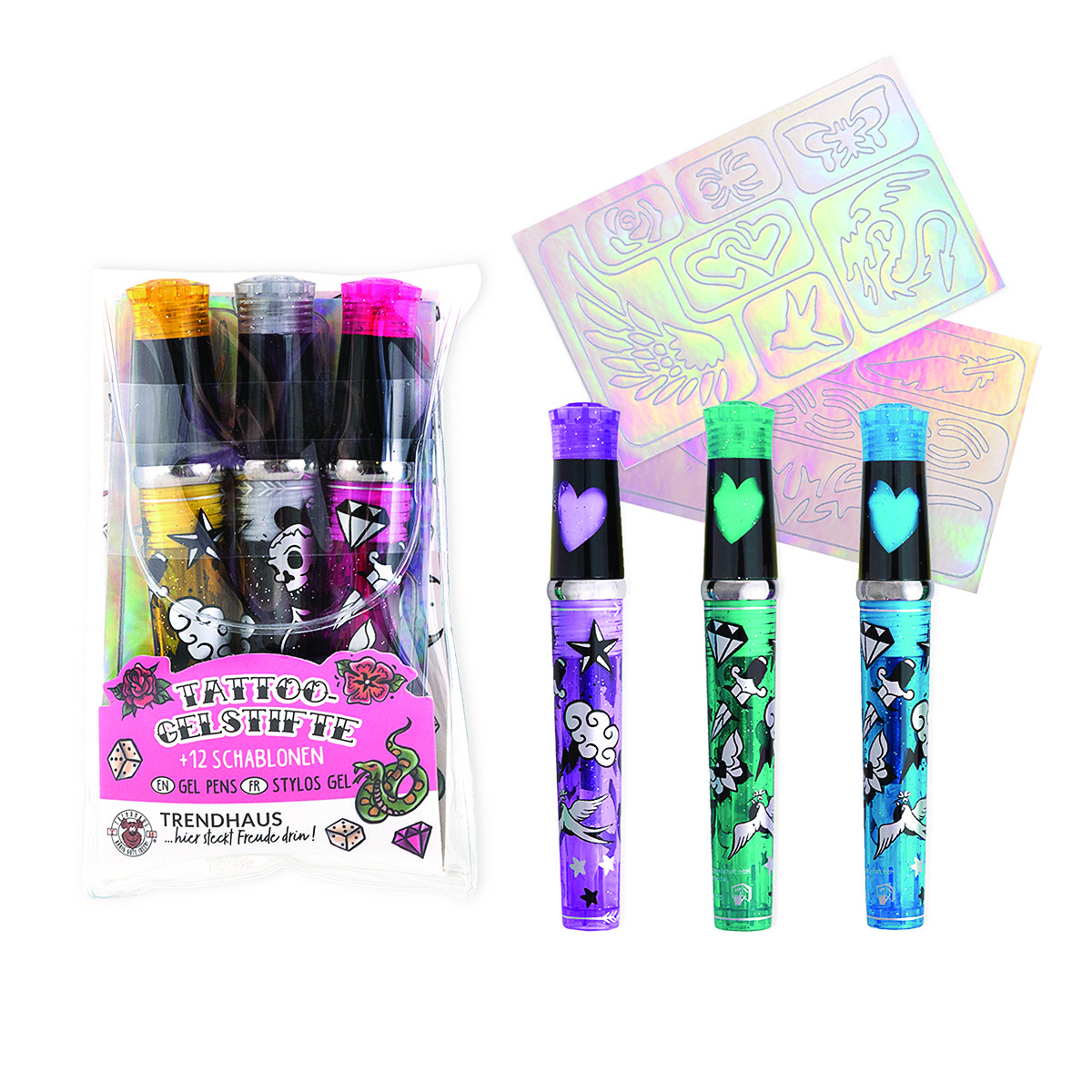 Długopisy żelowe TRENDHAUS Tattoo Studio Gliter, ze wzornikiem, 10,6 cm, 3 szt., etui, mix kolorów