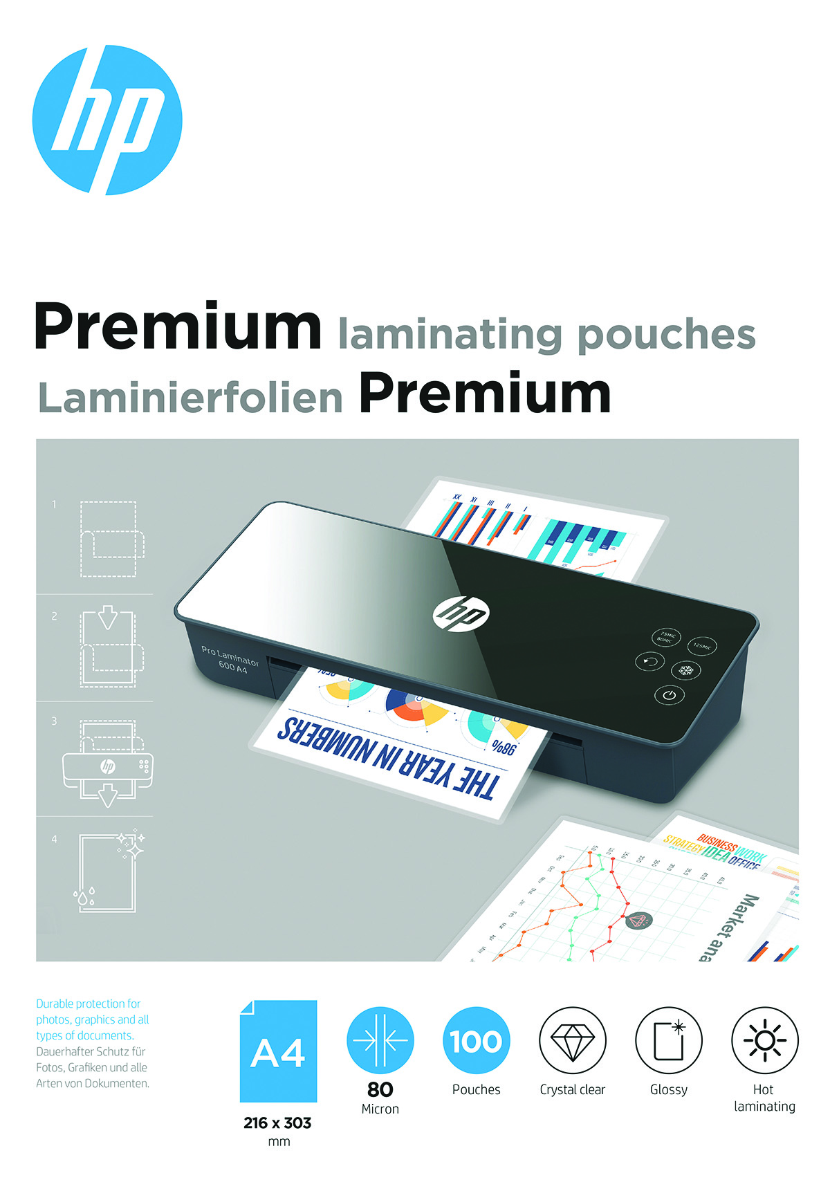 Folie laminacyjne HP premium, A4, 80 mic, 100 szt., przezroczyste/połysk