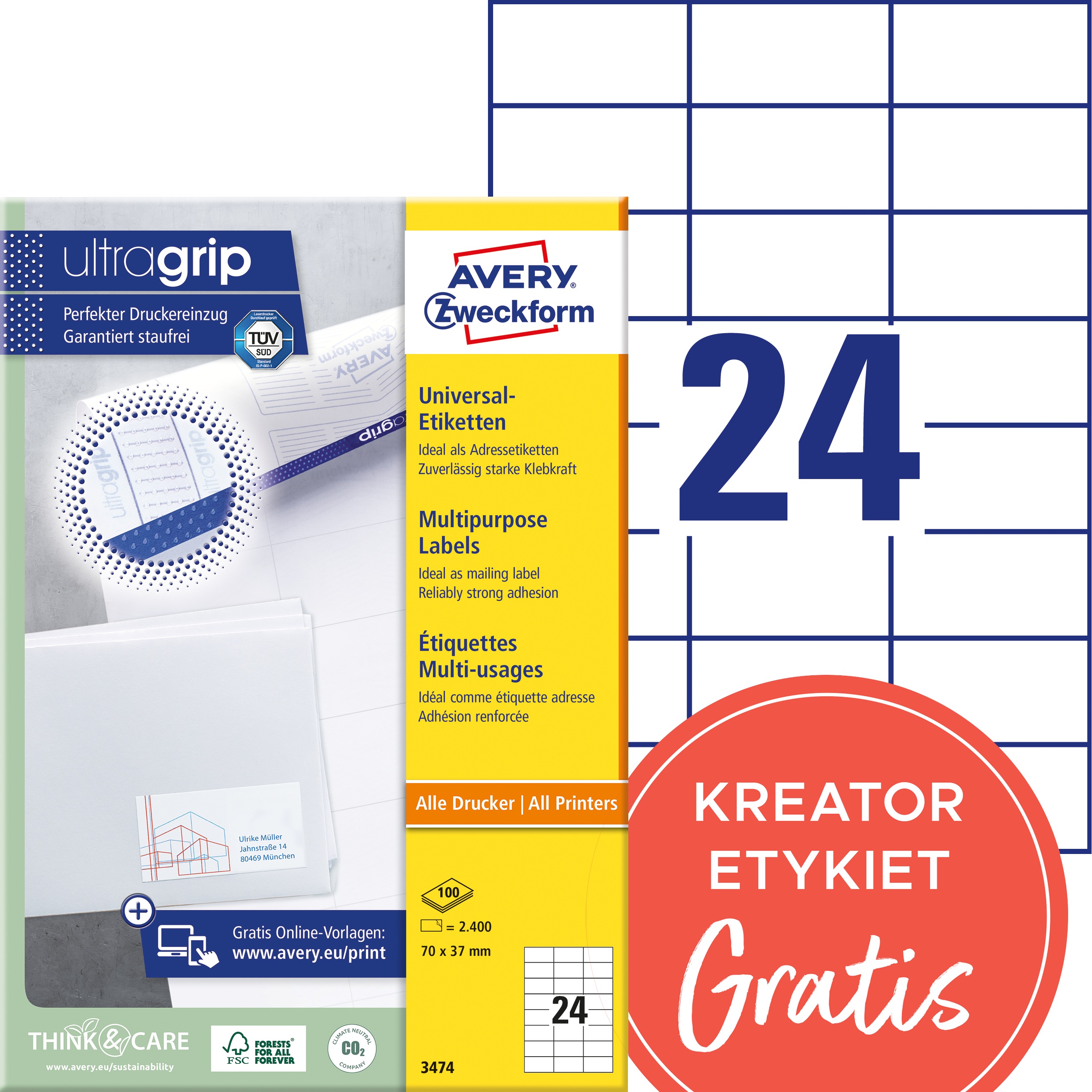 Etykiety Avery Zweckform 70 x 37 mm trwałe, 100 arkuszy