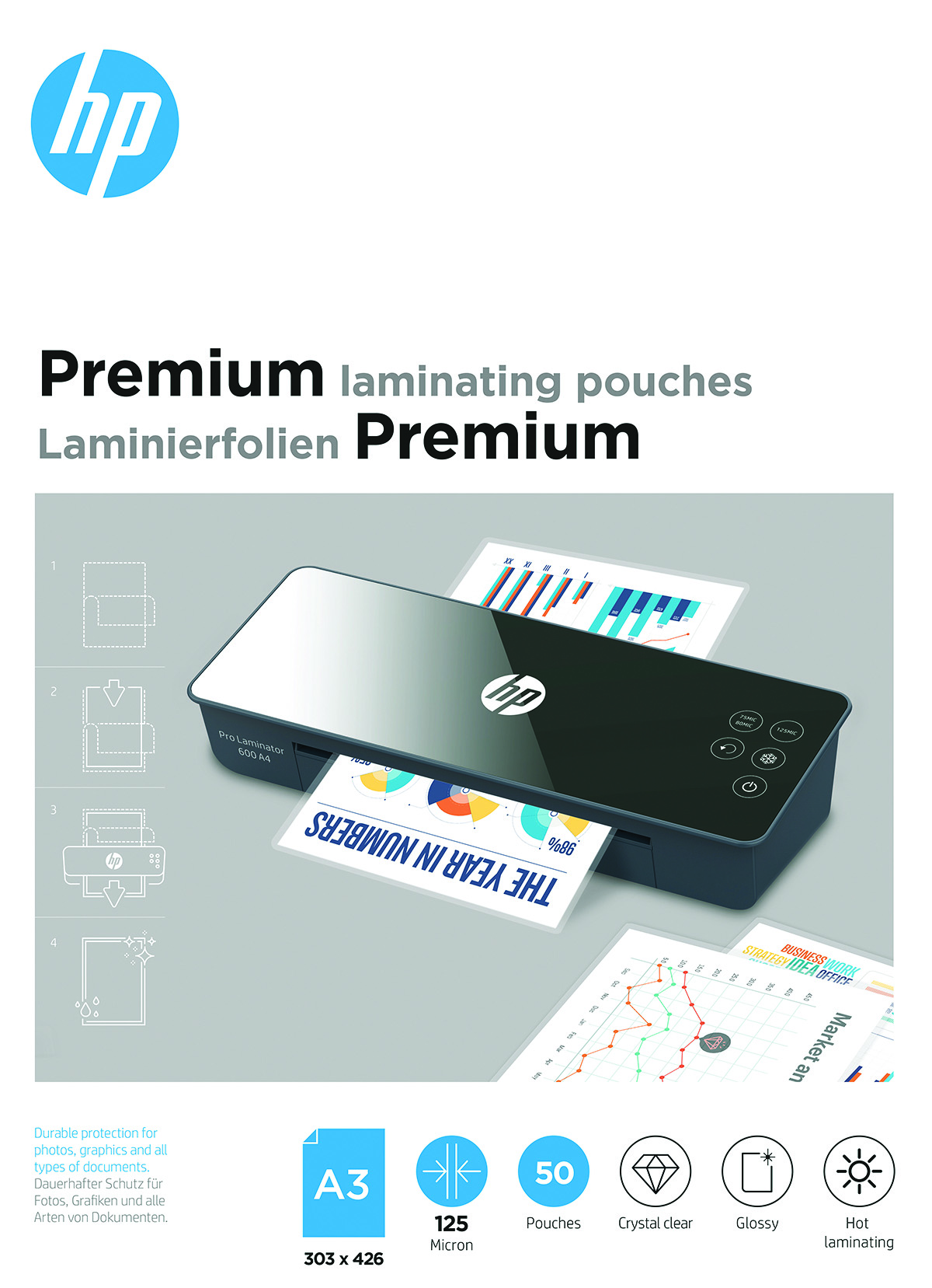 Folie laminacyjne HP premium, A3, 125 mic, 50 szt., przezroczyste/połysk