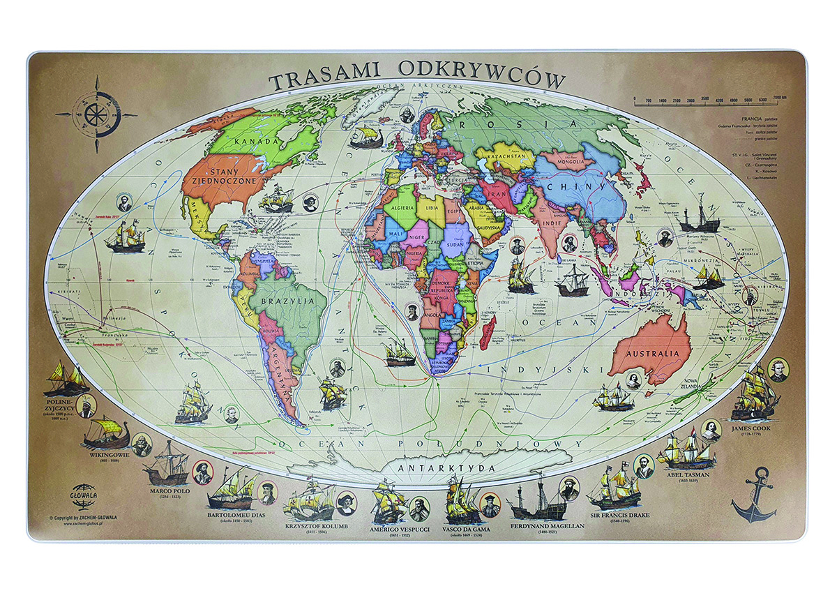 Podkładka na biurko GŁOWALA, mapa z trasami odkrywców, 58x38cm Podkładka na biurko GŁOWALA, mapa z trasami odkrywców, 58x38cm