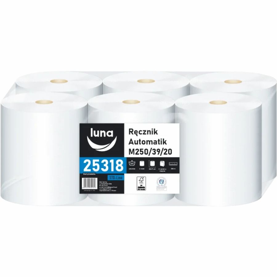 Ręcznik papierowy Luna Automatik M250/39/20 2-warstwowy biały 6 rolek