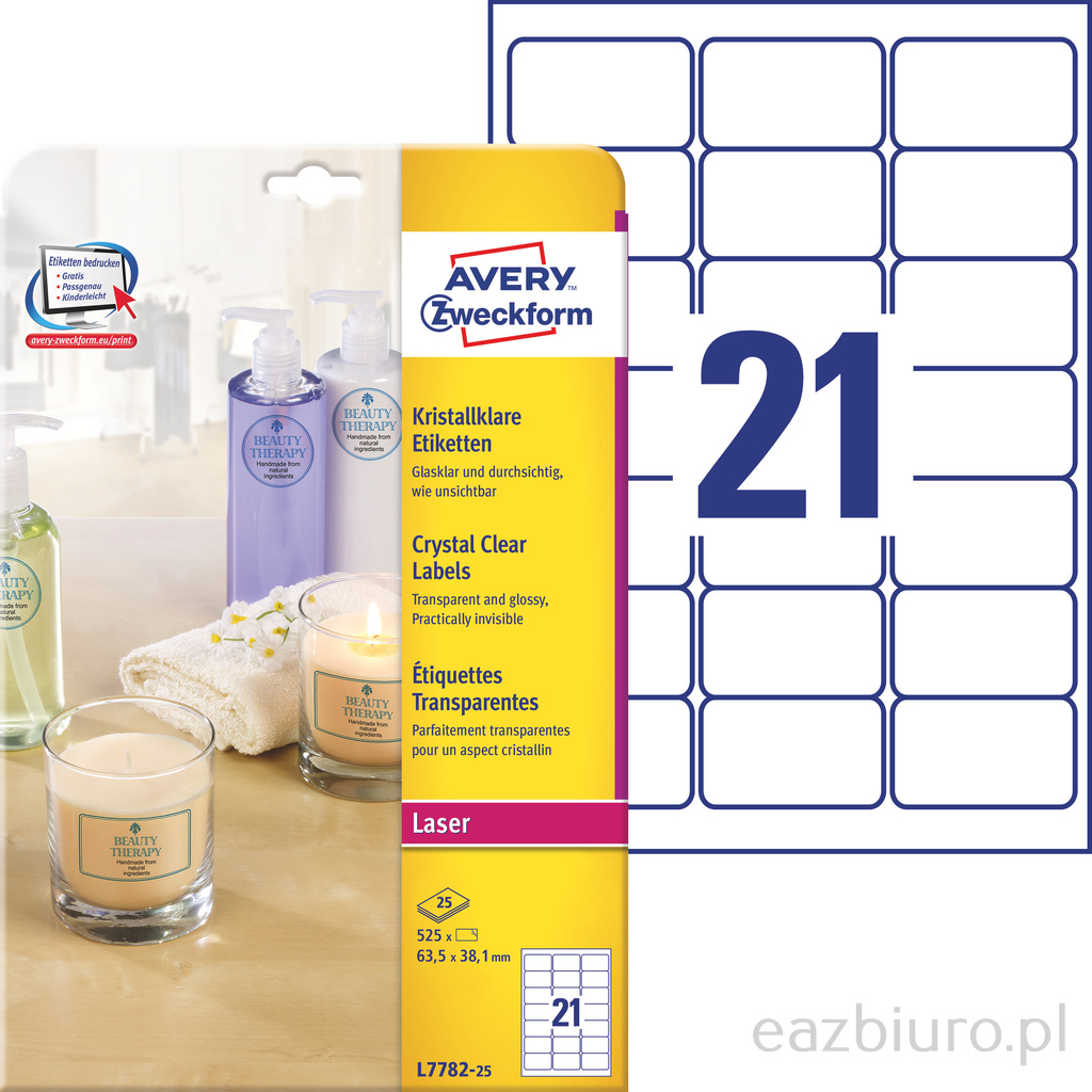 Etykiety przezroczyste crystal clear Avery Zweckform, A4, 25 ark./op., 63,5 x 38,1 mm | eazbiuro.pl | Zamów od ręki!