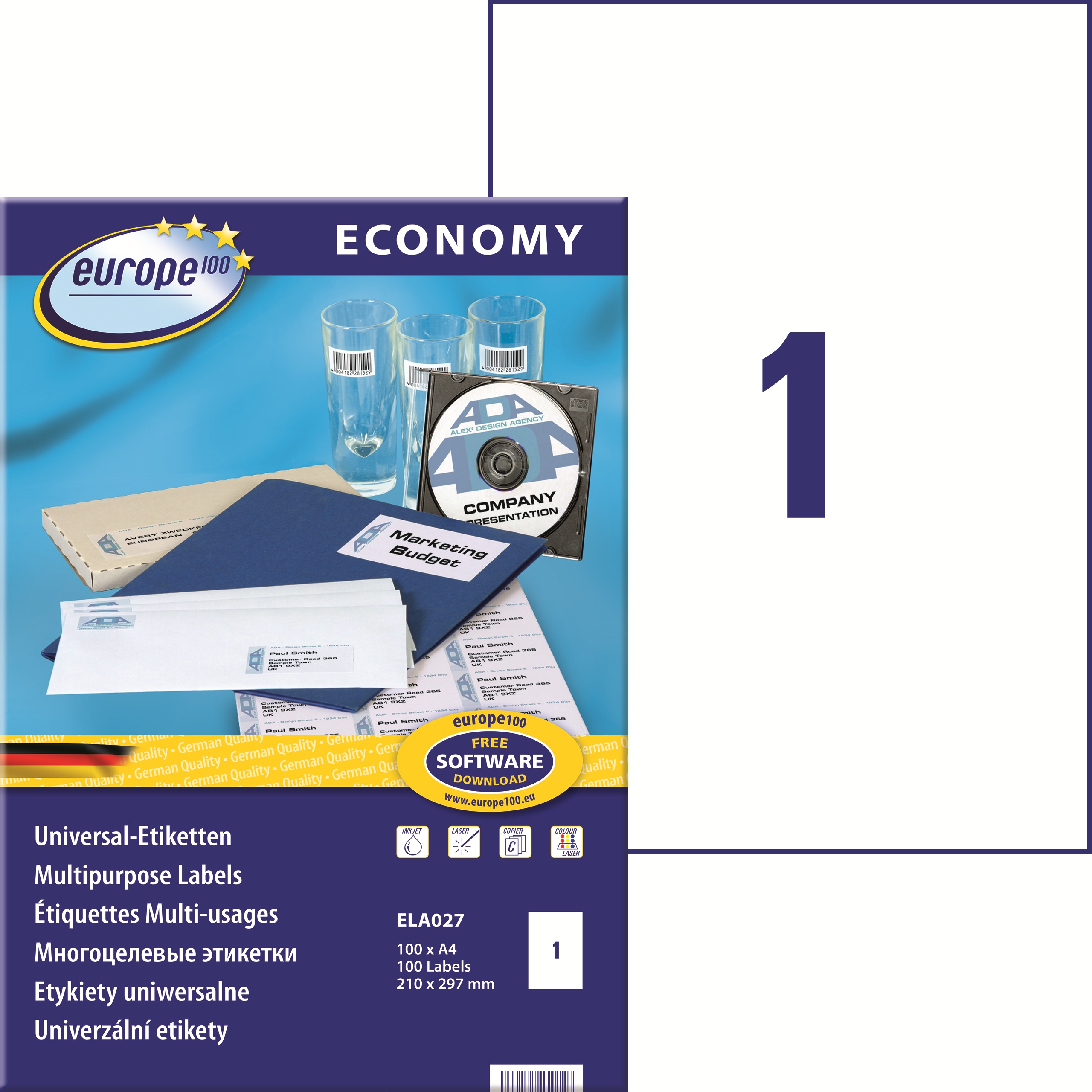 Etykiety A4 210x297 mm mm uniwersalne economy europe100 by Avery Zweckform; A4, 100 ark.