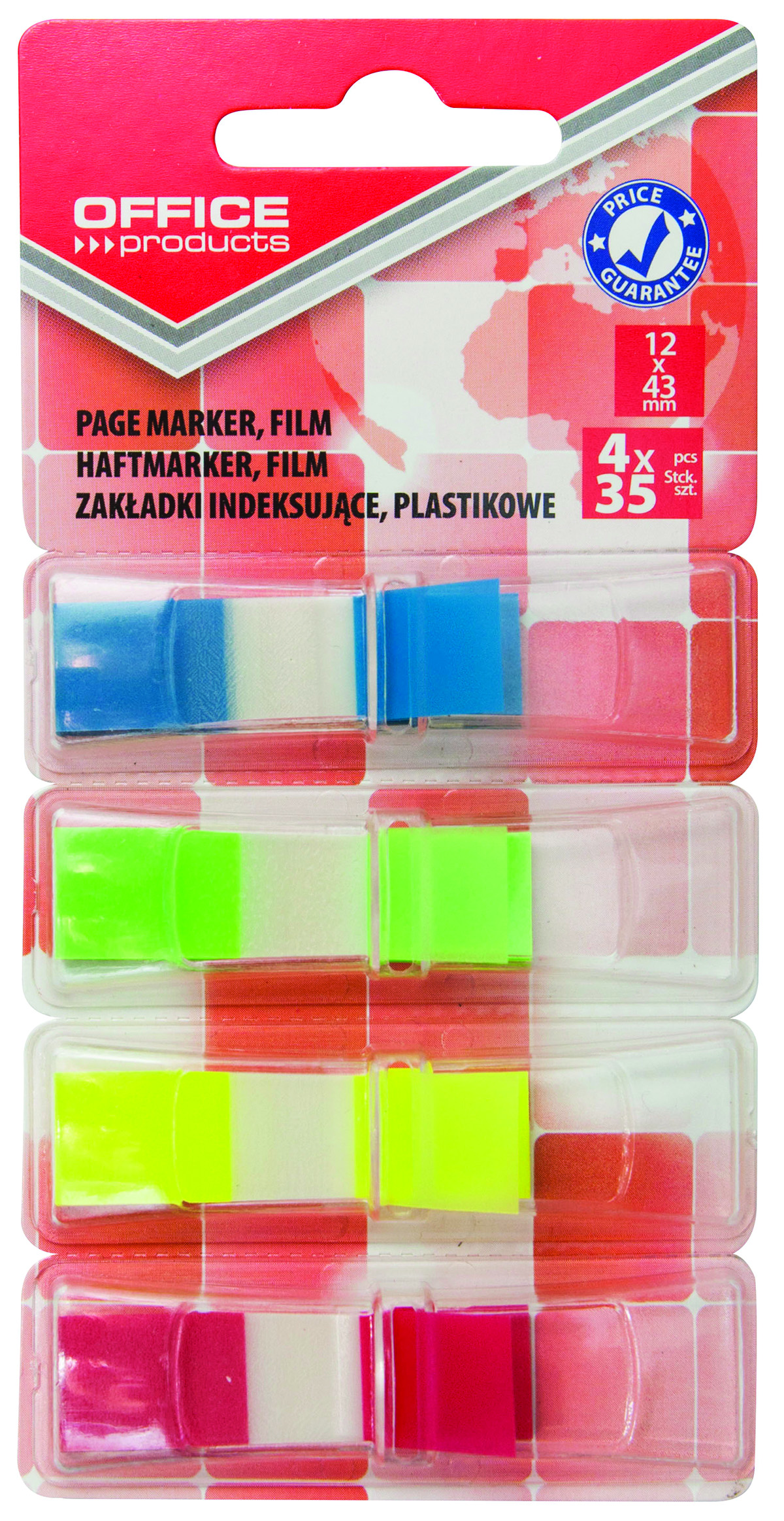 Zakładki indeksujące Office Products, pp, standard, 12x43mm, 4x35 kart., blister, mix kolorów