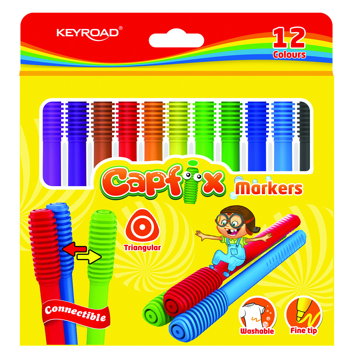 Flamastry Keyroad capfix markers, 12sztuk, trójkątne, zmywalne, łączone, zawieszka, mix kolorów Flamastry Keyroad capfix markers, 12sztuk, trójkątne, zmywalne, łączone, zawieszka, mix kolorów
