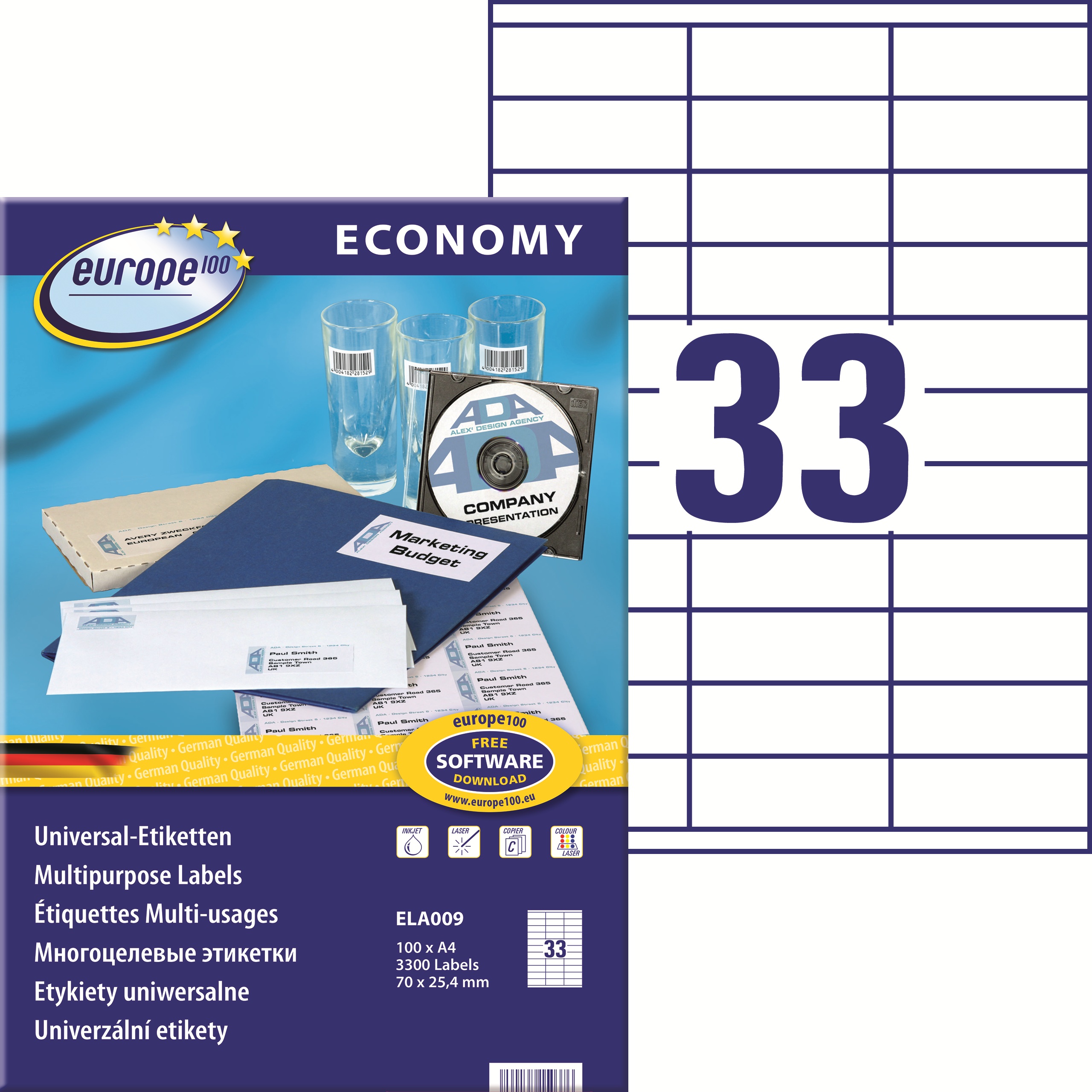 Etykiety A4 70xx25,4 mm mm uniwersalne economy europe100 by Avery Zweckform; A4, 100 ark.