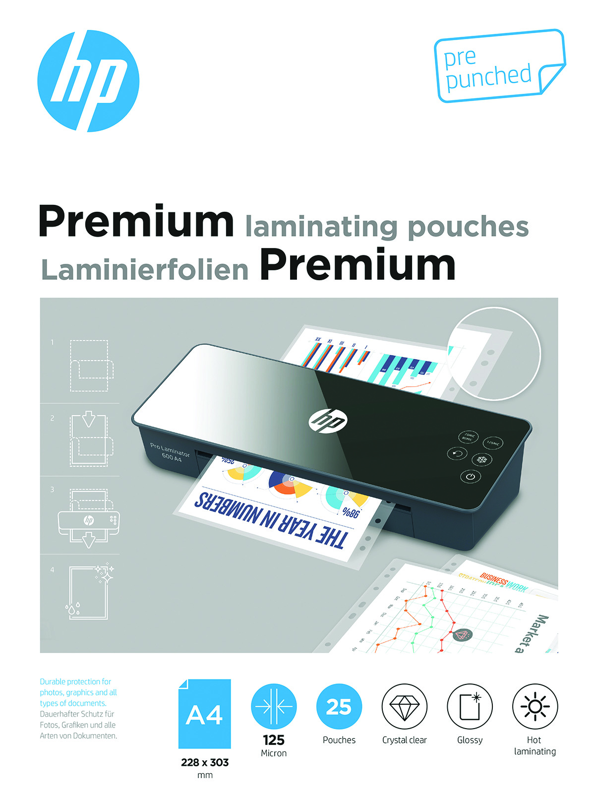 Folie laminacyjne HP premium A4, dziurkowanie, 125 mic, 25 szt., przezroczyste/połysk