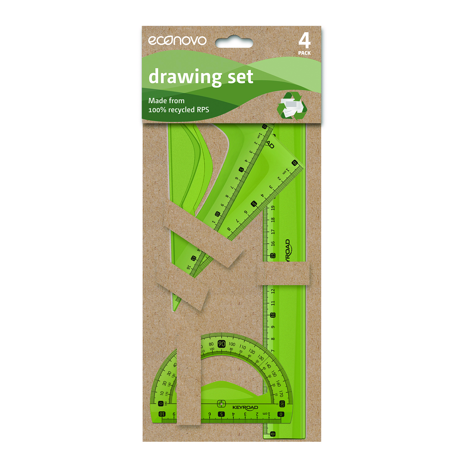 Zestaw geometryczny Keyroad, z linijką 30cm, z recyklingu, 4 szt., mix kolorów
