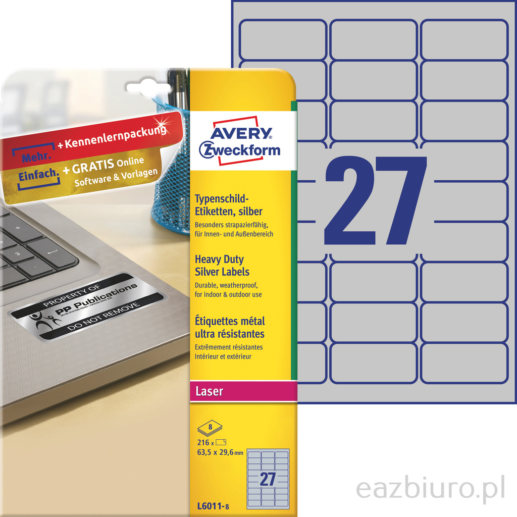 Etykiety znamionowe srebrne Avery Zweckform; A4, 8 ark./op., 63,5 x 29,6 mm, poliestrowe | eazbiuro.pl | Nie przegap!