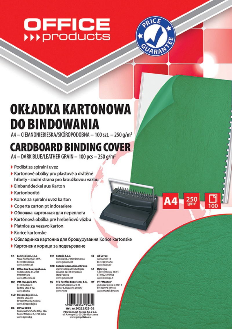 Okładki do bindowania Office Products, karton, A4, 250gsm, skóropodobne, 100 sztuk, zielone Okładki do bindowania Office Products, karton, A4, 250gsm, skóropodobne, 100 sztuk, zielone