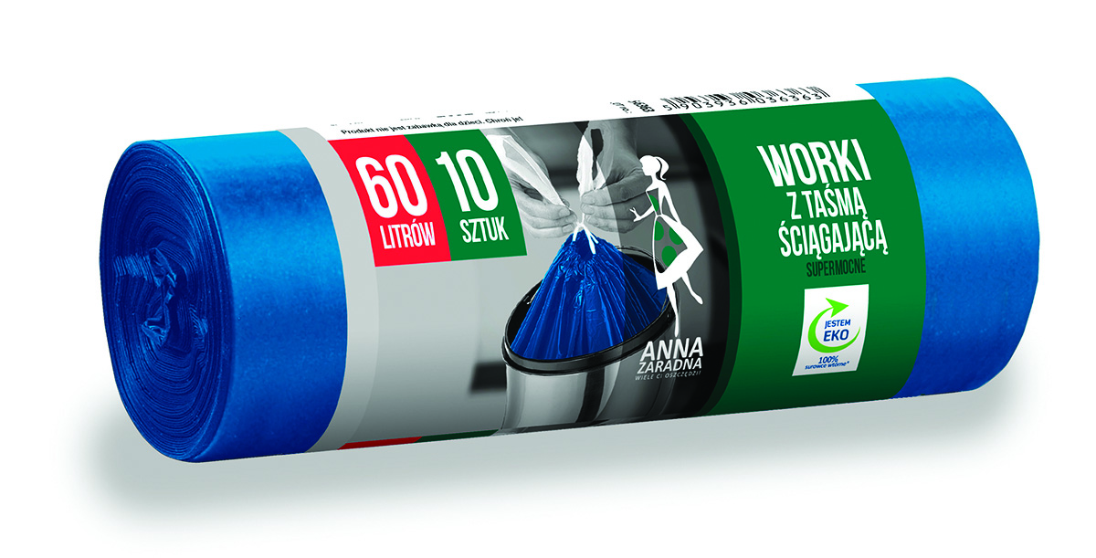 Worki na śmieci Anna Zaradna, z taśmą ściągającą, supermocne, 60 l, 10 szt., niebieskie
