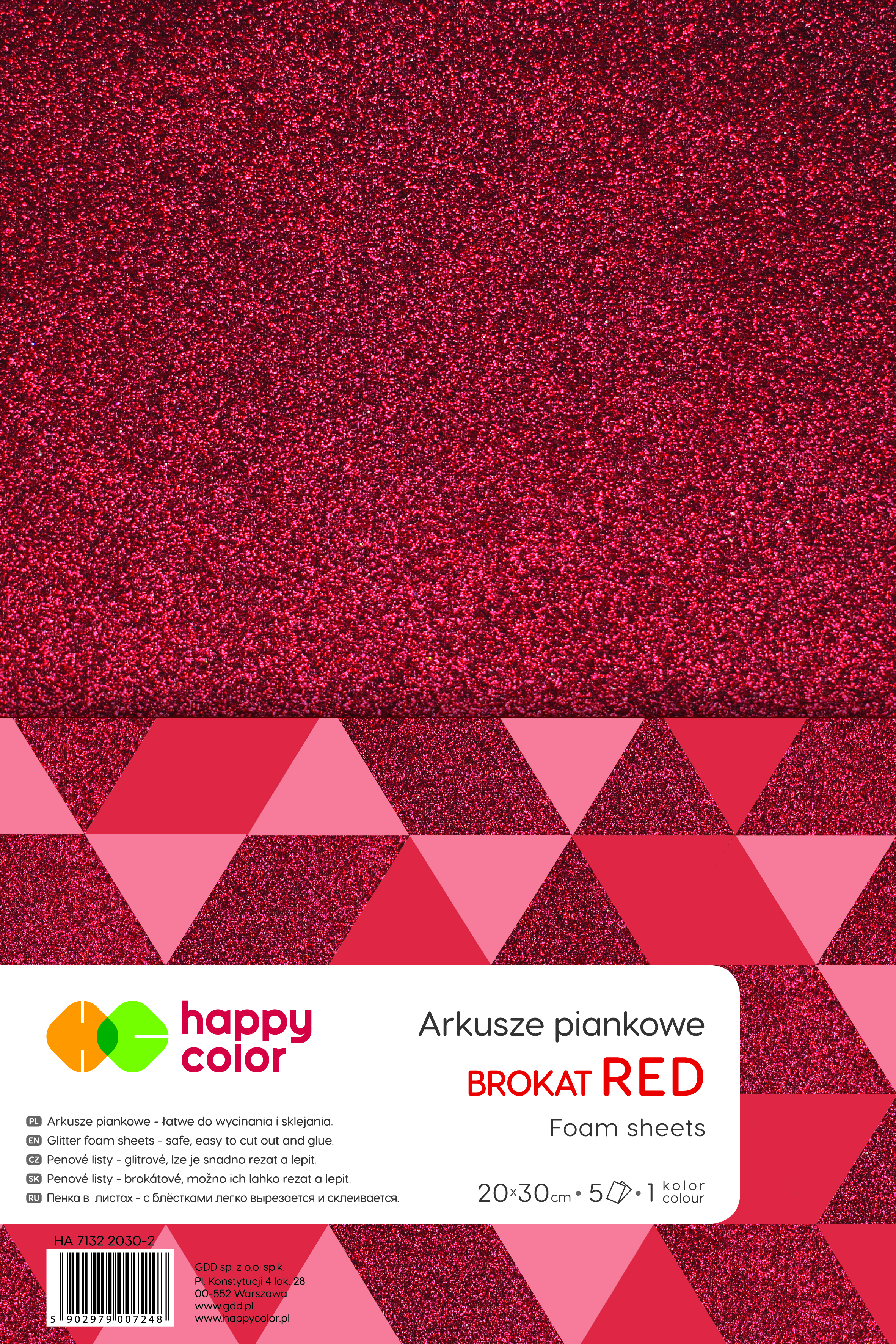 Arkusze piankowe brokatowe A4, 5 sztuk, czerwone, Happy Color Arkusze piankowe brokatowe A4, 5 sztuk, czerwone, Happy Color