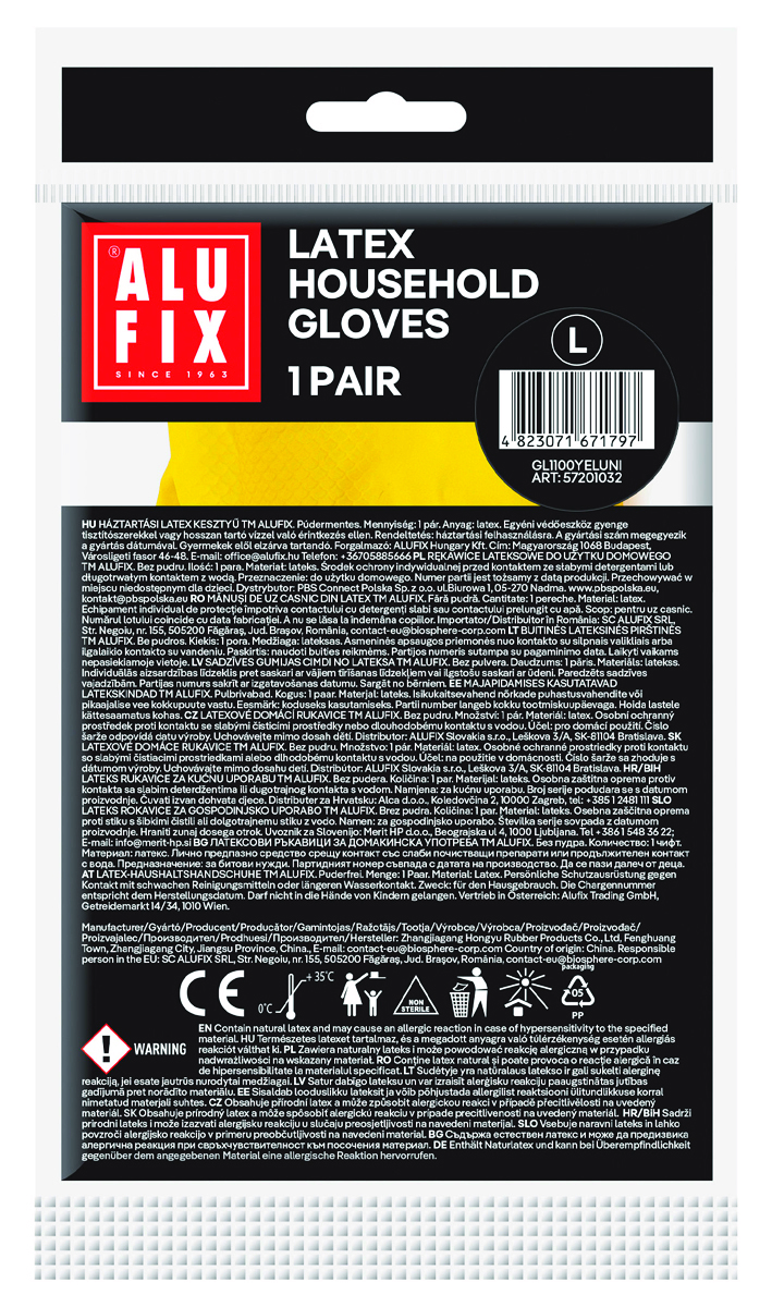 Rękawiczki domowe lateksowe ALUFIX Professional, 30g, rozmiar L, żółte