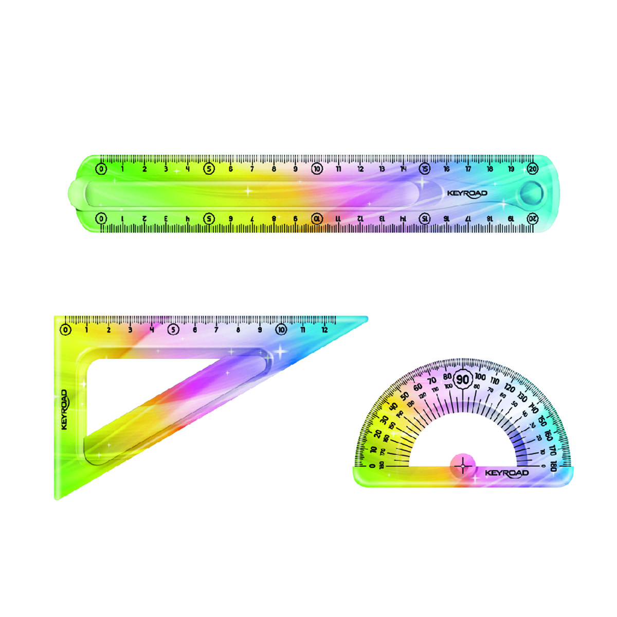 Zestaw geometryczny KEYROAD Rainbow Deco, z linijką 20cm, zawieszka, mix kolorów Zestaw geometryczny KEYROAD Rainbow Deco, z linijką 20cm, zawieszka, mix kolorów