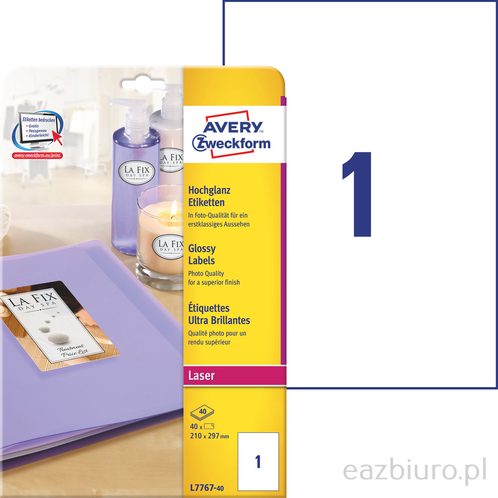 Etykiety błyszczące Avery Zweckform, A4, 40 ark./op., 210 x 297 mm, białe | eazbiuro.pl | Skorzystaj dziś!