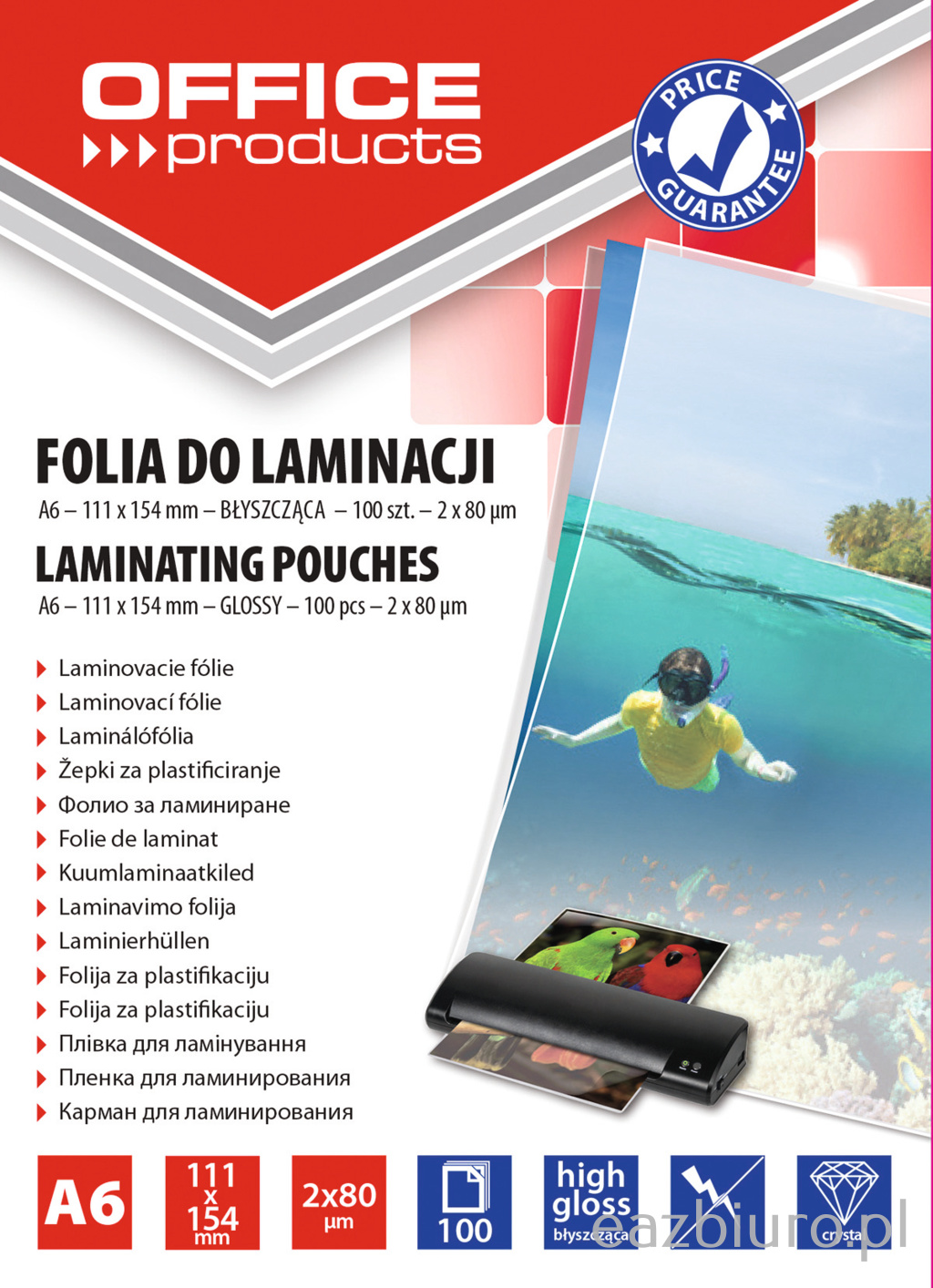 Folia do laminowania Office Products, A6, 2x80 mic, błyszcząca, zestaw 100 sztuk, | eazbiuro.pl | Kup taniej!