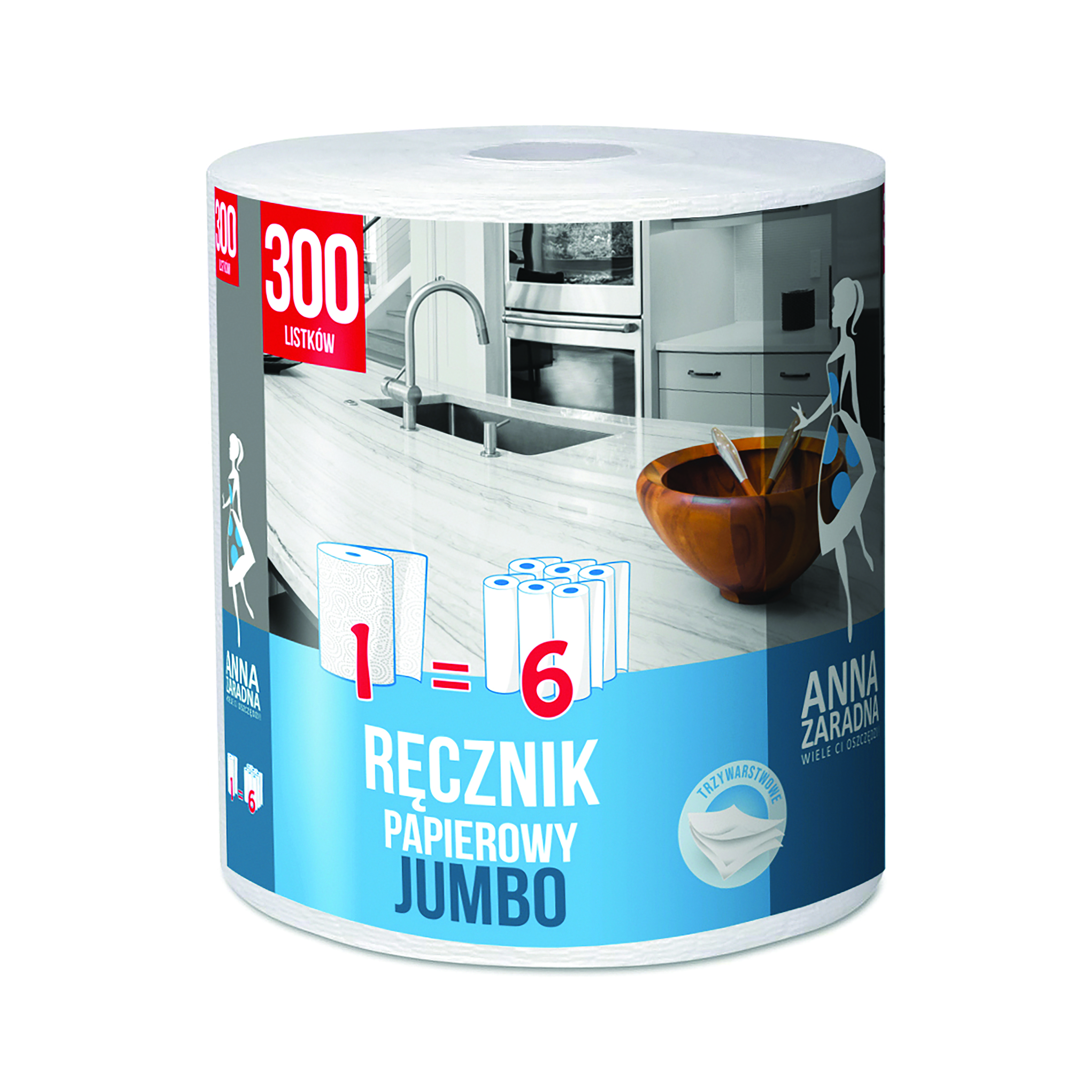 Ręcznik papierowy Anna Zaradna, jumbo, 300 listków, biały z niebieskim tłoczeniem