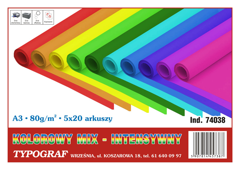 Papier ksero kolorowy mix intensywny A3 80 g/m2 100 arkuszy