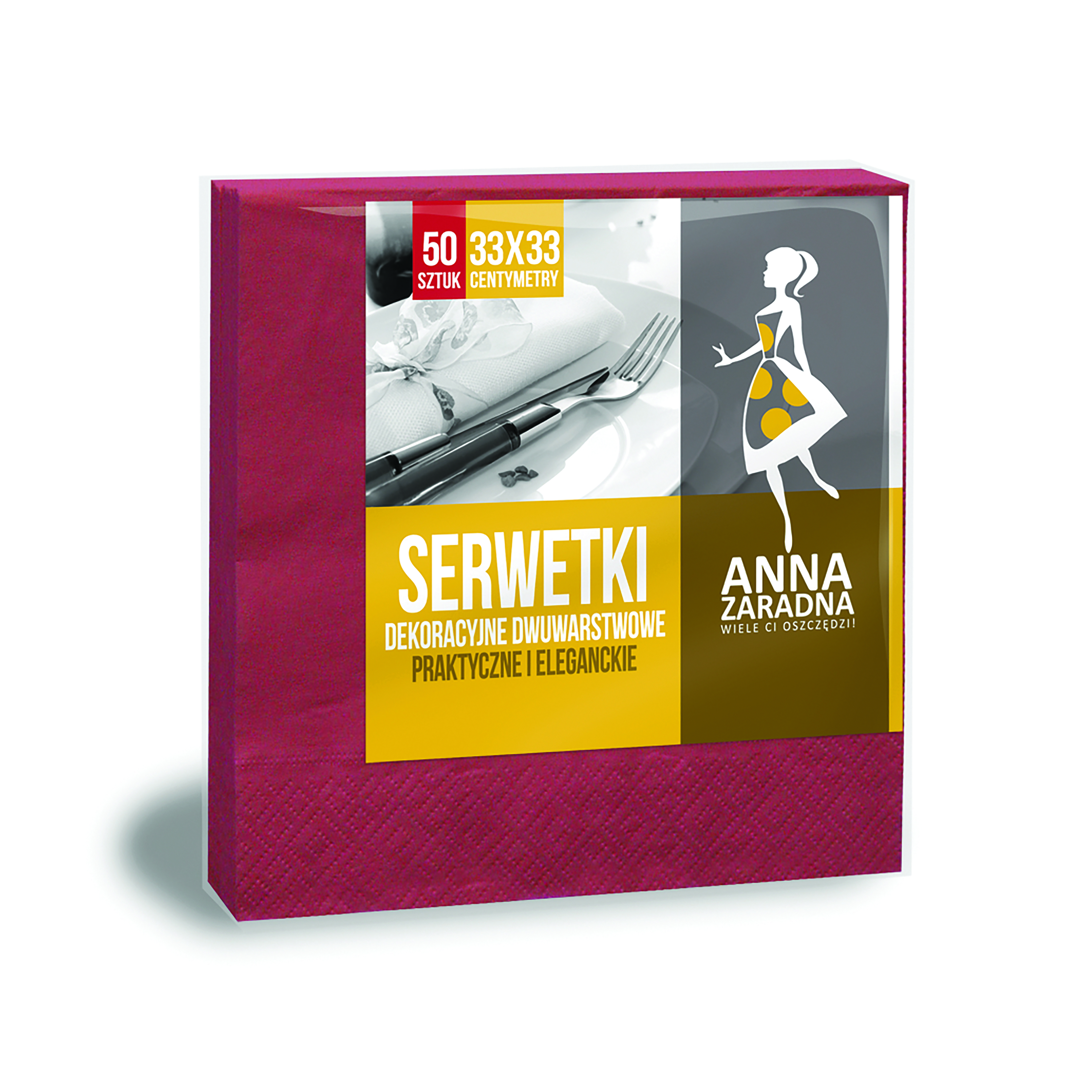 Serwetki Anna Zaradna, dwuwarstwowe, składane, 33x33cm, 50 szt., bordowe, bordowy