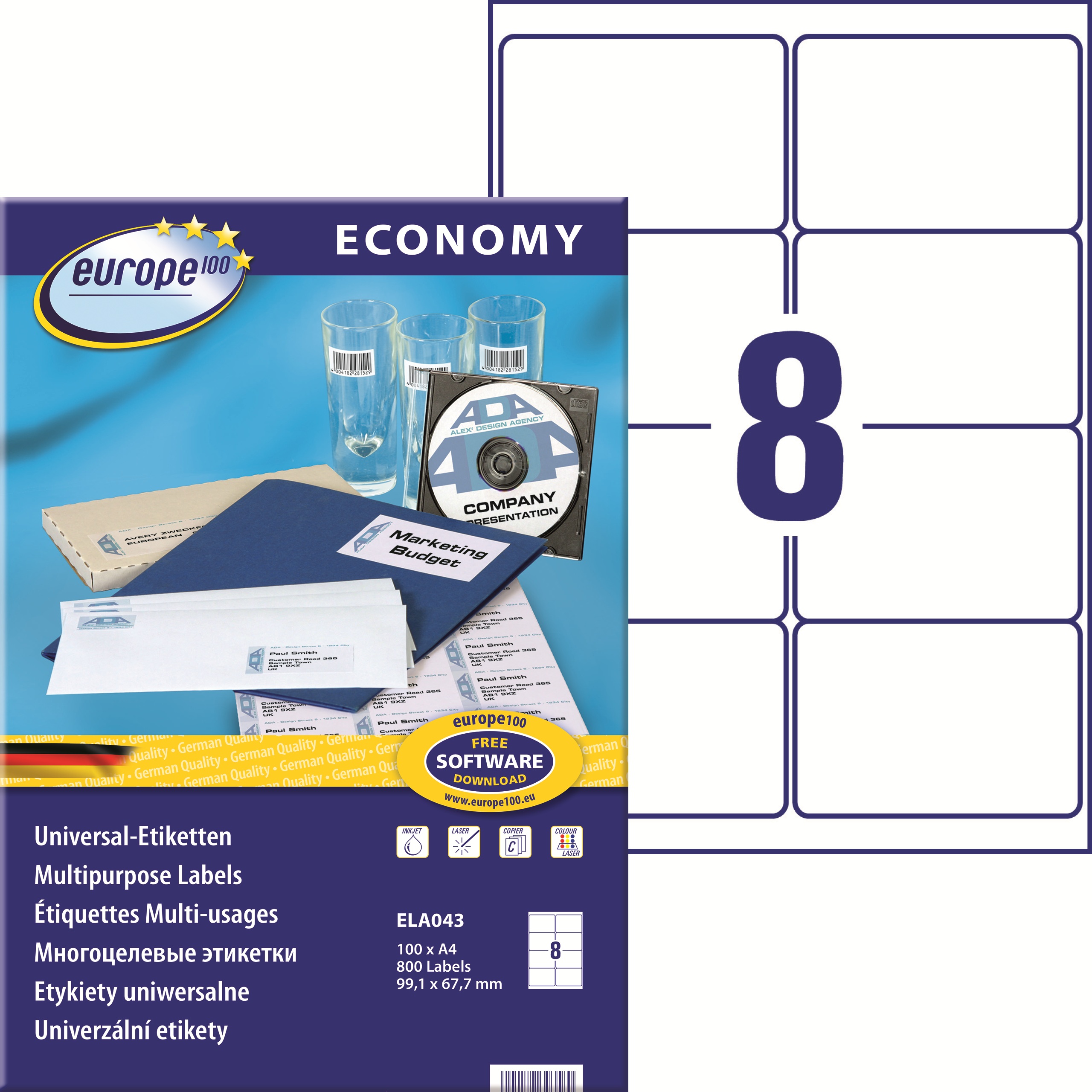 Etykiety A4 99,1x67,7 mm uniwersalne economy europe100 by Avery Zweckform; A4, 100 ark.