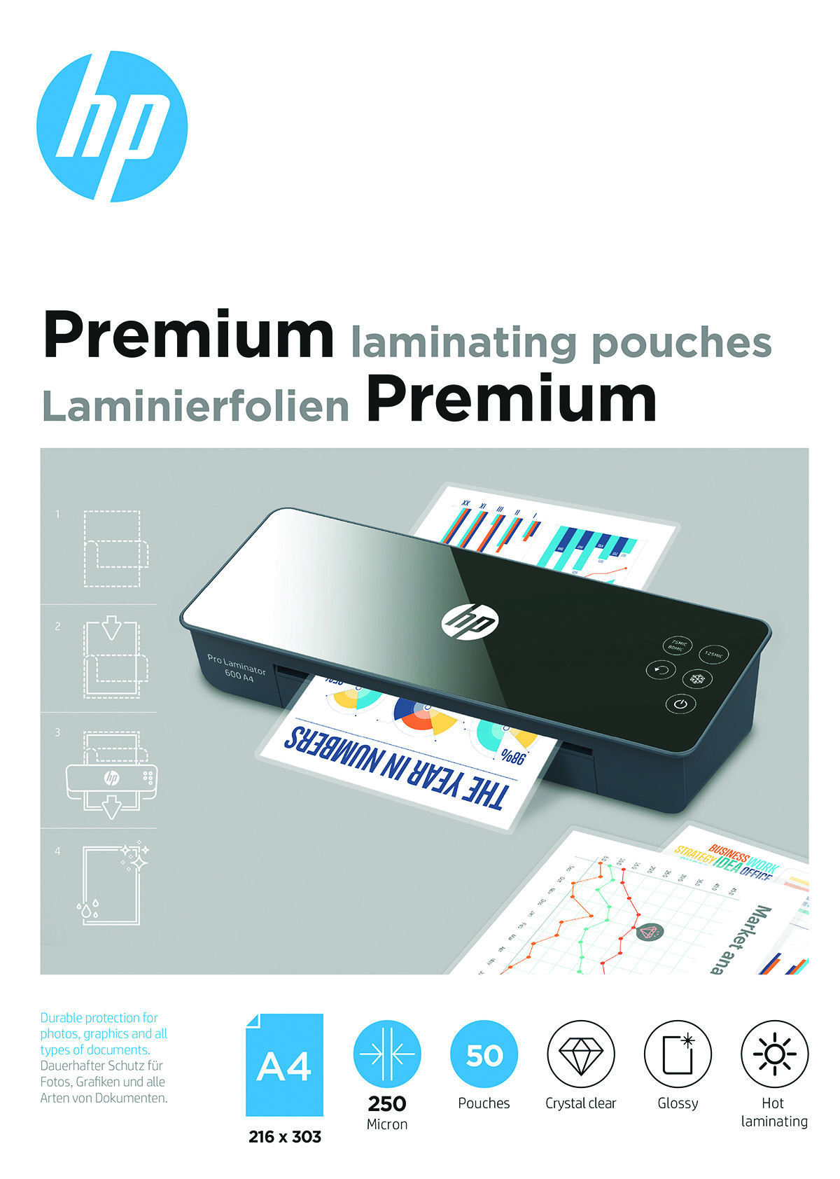 Folie laminacyjne HP premium, A4, 250 mic, 50 szt., przezroczyste/połysk