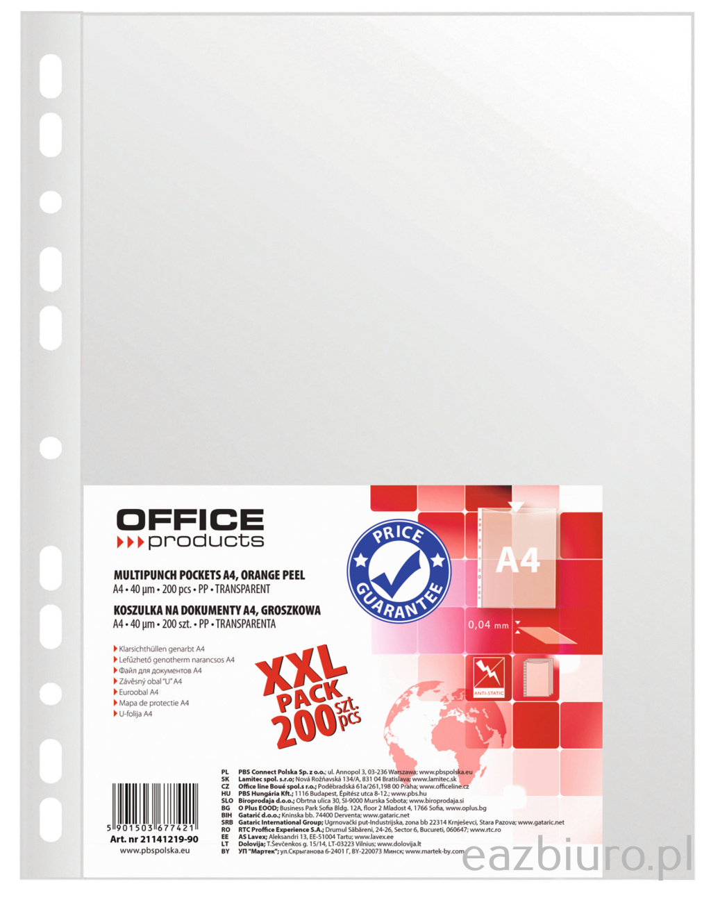 Koszulki na dokumenty Office Products, pp, A4, groszkowe, 40mikr., 200 sztuk