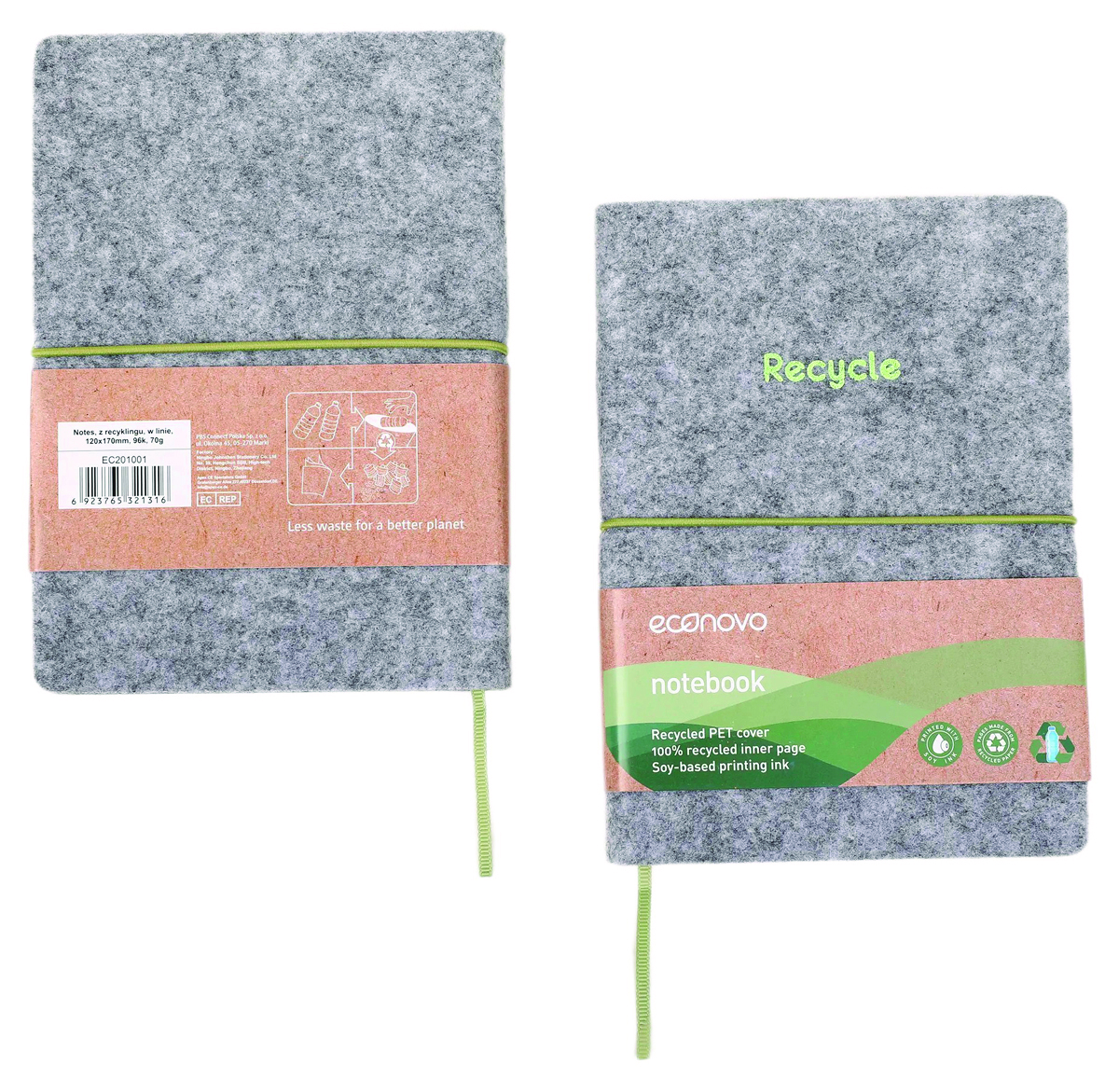 Notes ECONOVO, z recyklingu, okładka z filcu, w linie, 96 kart, 70gsm, szary
