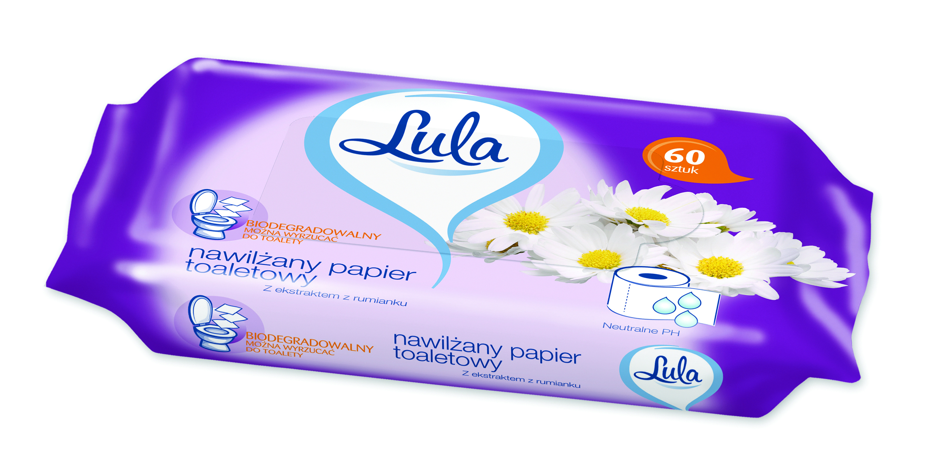 Nawilżany papier toaletowy, lula, z ekstraktem z rumianku, zestaw 60 sztuk., biały papier | eazbiuro.pl | Działaj śmiało!
