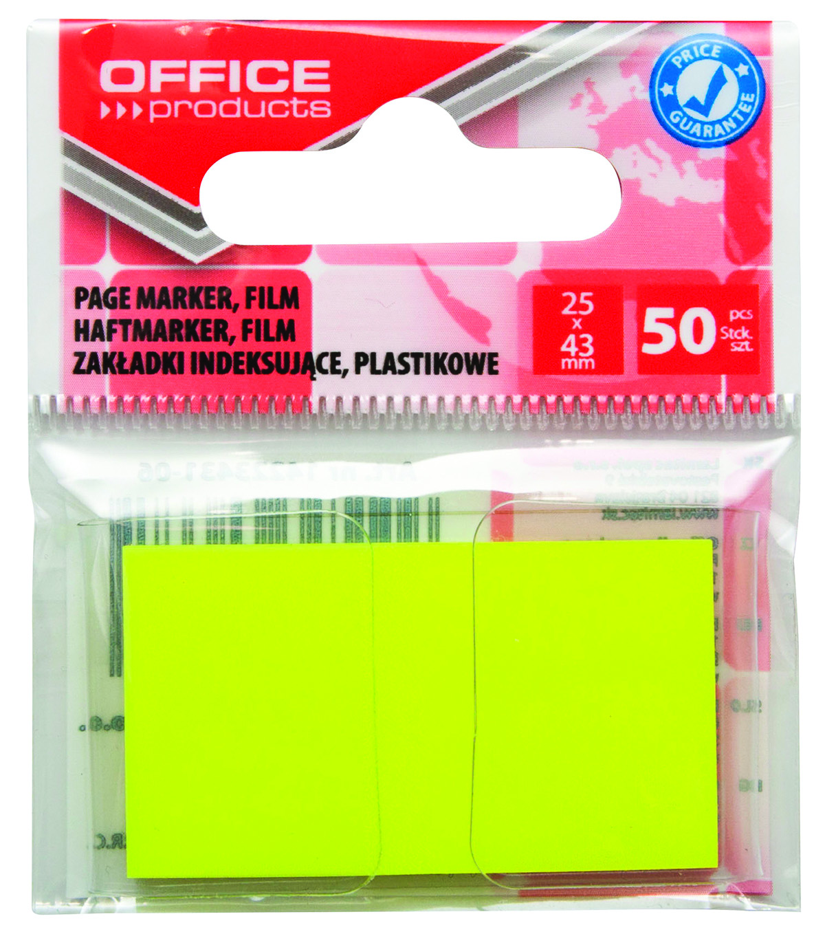 Zakładki indeksujące Office Products, pp, 25x43mm, 1x50 kart., zawieszka, żółte