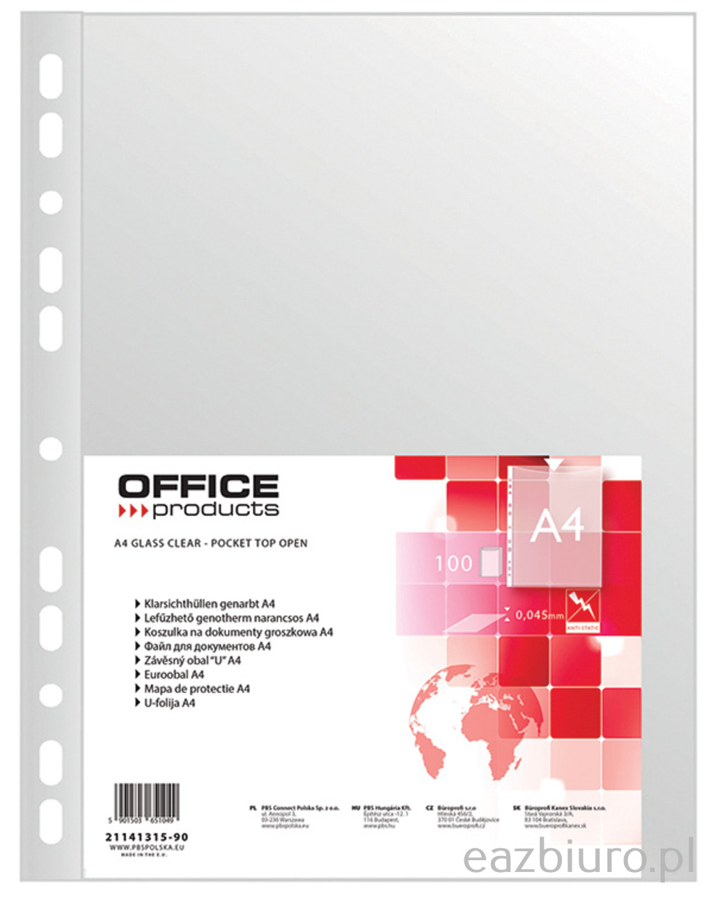 Koszulki na dokumenty Office Products, pp, A4, groszkowe, 45mikr., 100 sztuk
