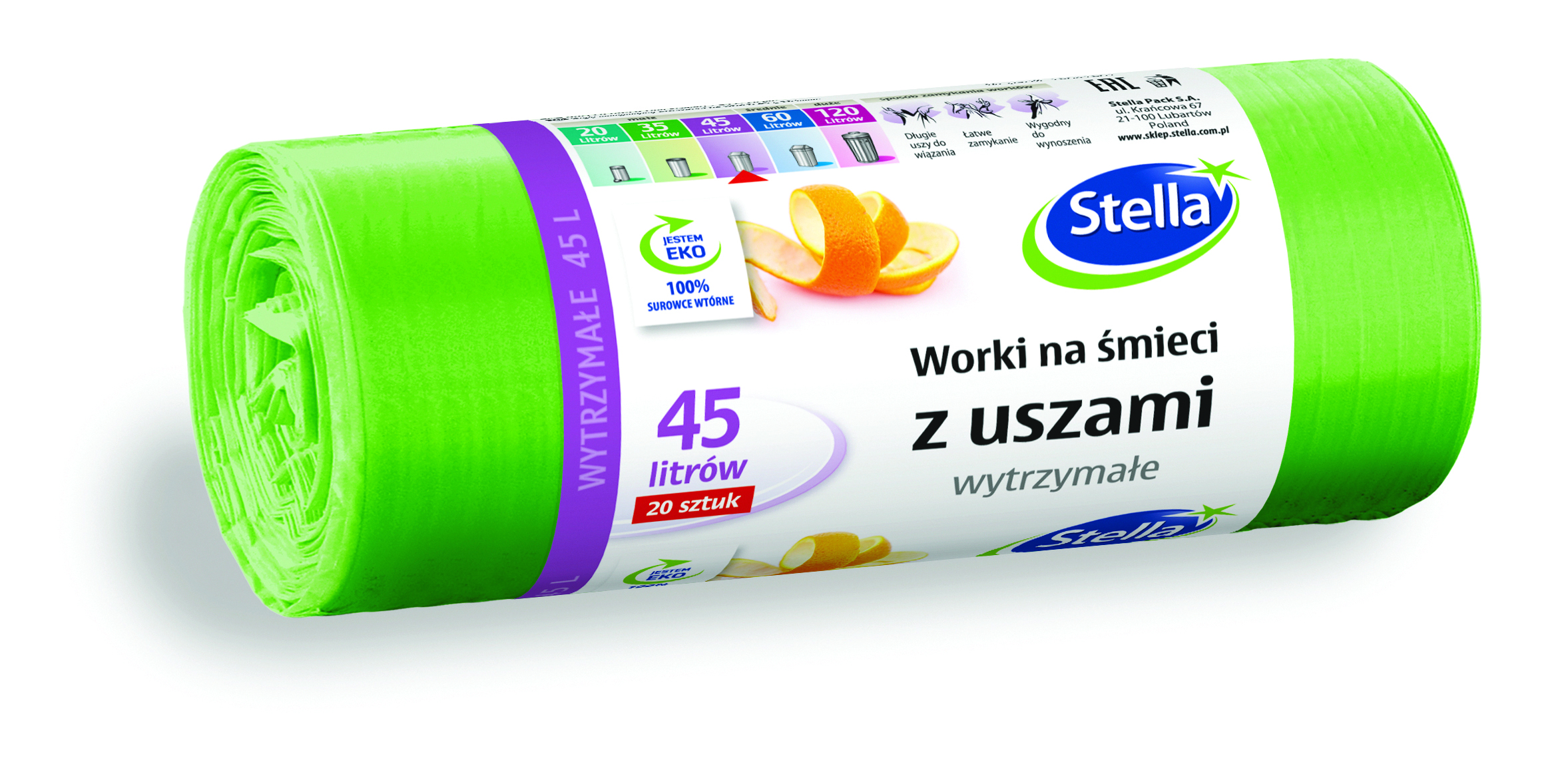 Worki na śmieci Stella, z uszami, 45 l, 20 szt., zielone, zielony Worki na śmieci Stella, z uszami, 45 l, 20 szt., zielone, zielony