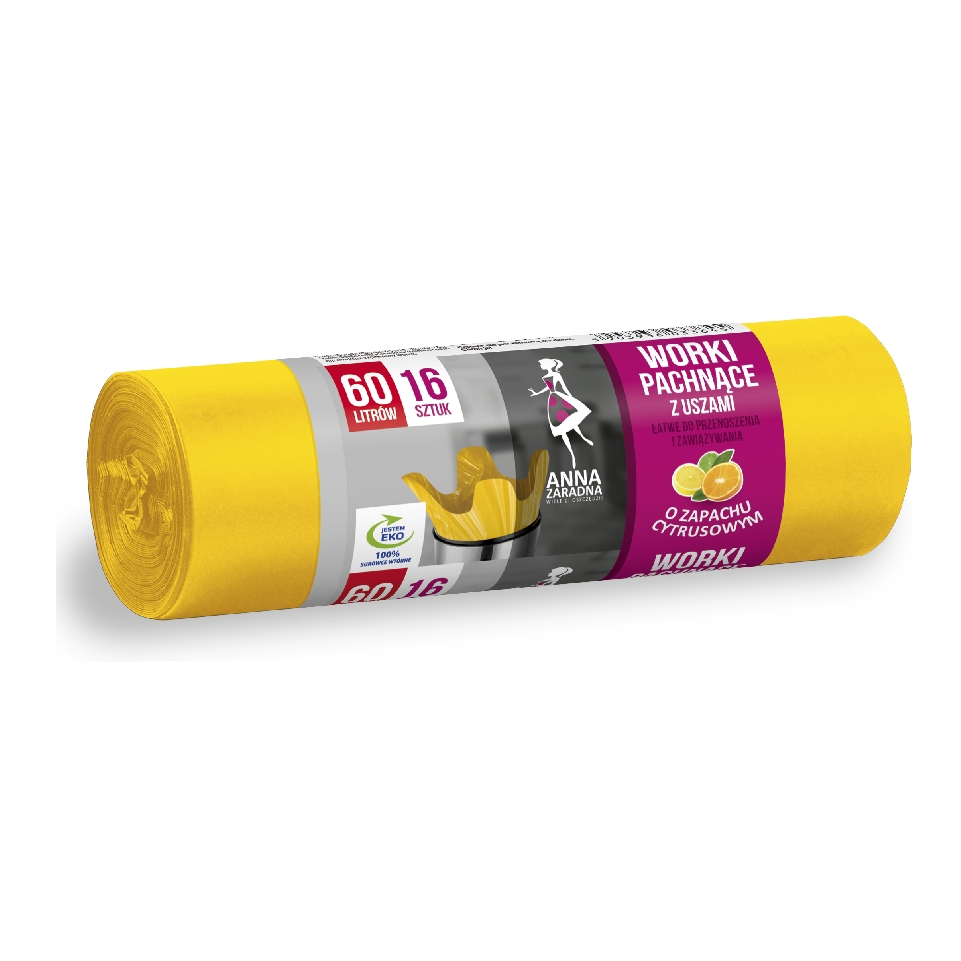 Worki na śmieci z uszami Anna Zaradna, zapach cytrusów, 60 l, zestaw 16 sztuk., żółty | eazbiuro.pl | Zamów z gwarancją!