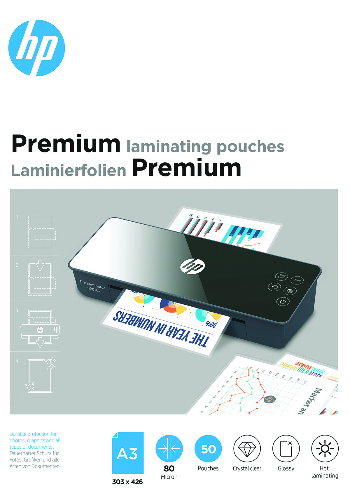 Folie laminacyjne HP premium, A3, 80 mic, 50 szt., przezroczyste/połysk Folie laminacyjne HP premium, A3, 80 mic, 50 szt., przezroczyste/połysk