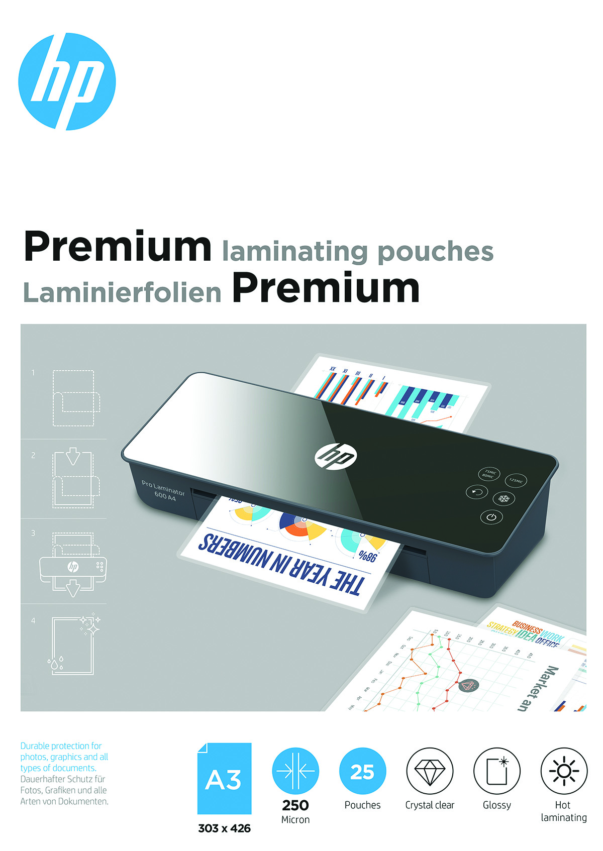 Folie laminacyjne HP premium, A3, 250 mic, 25 szt., przezroczyste/połysk Folie laminacyjne HP premium, A3, 250 mic, 25 szt., przezroczyste/połysk
