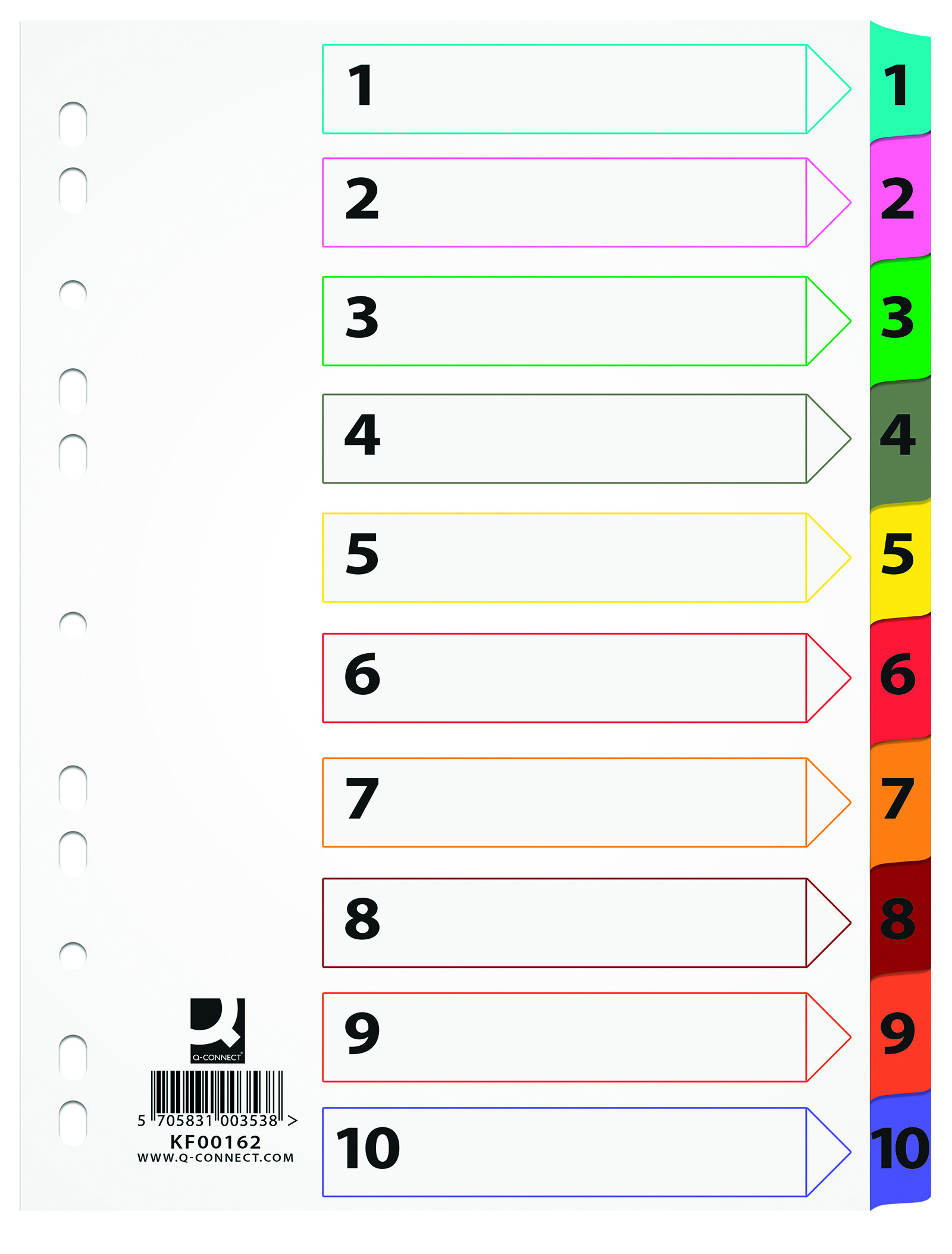 Przekładki Q-Connect mylar, kartonowe, A4, 225x297mm, 1-10, 10 kart, laminowany indeks, mix kolorów Przekładki Q-Connect mylar, kartonowe, A4, 225x297mm, 1-10, 10 kart, laminowany indeks, mix kolorów