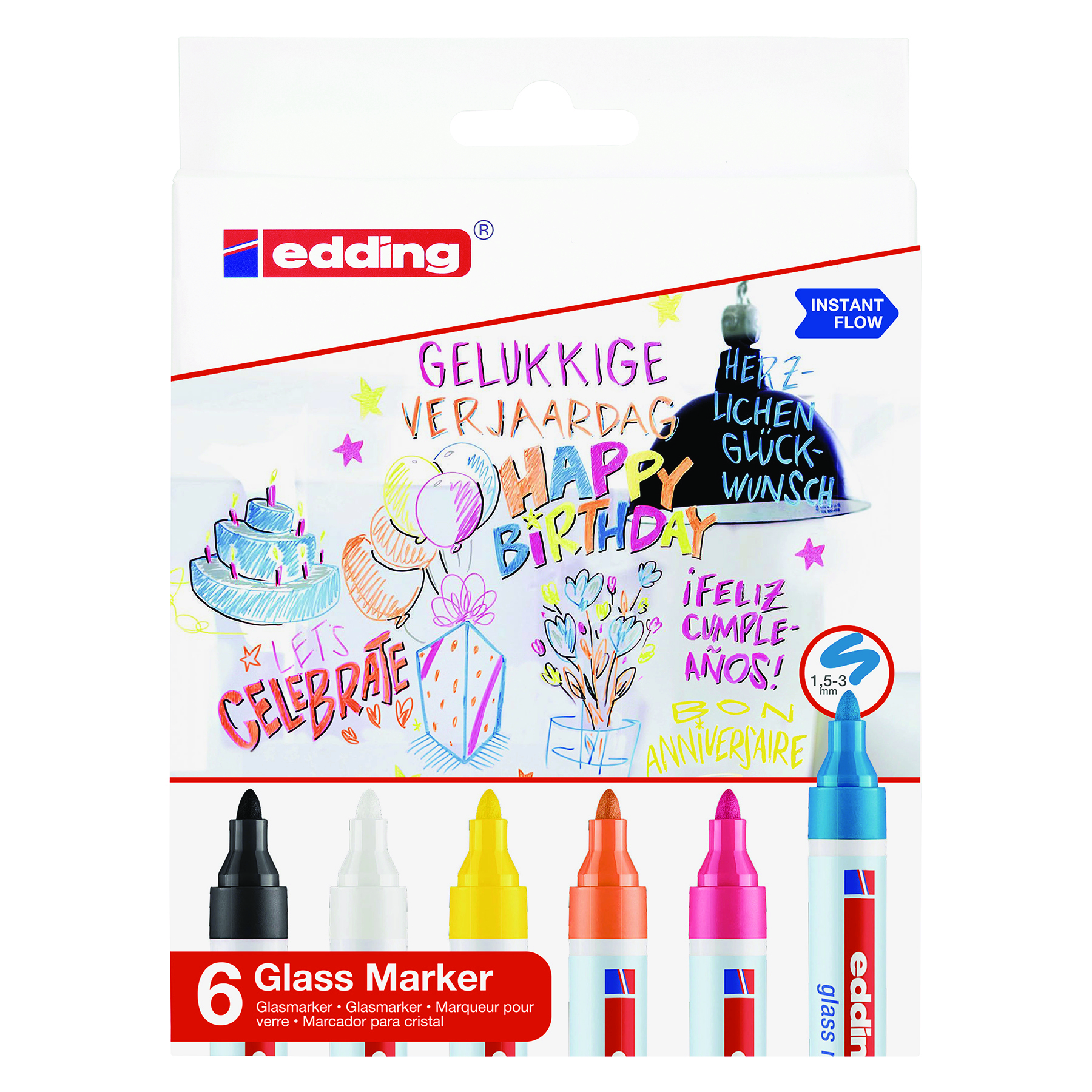Marker do powierzchni szklanych e-95 Edding, 1,5-3 mm, 6 szt., mix kolorów