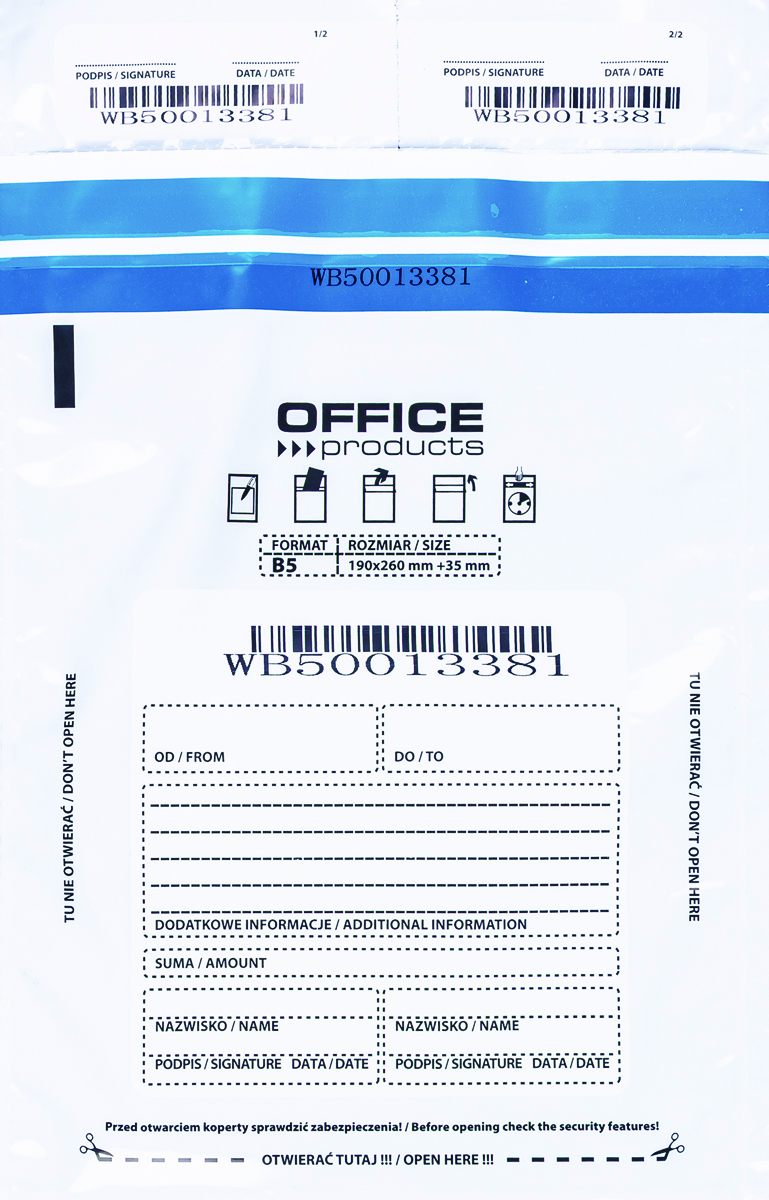 Koperta bezpieczna Office Products, B5, 190x260mm, 50szt., biała