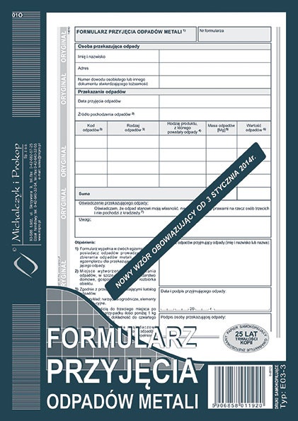 Druk formularz przyjęcia odpadów metali M&P | eazbiuro.pl | Odbierz szybko!